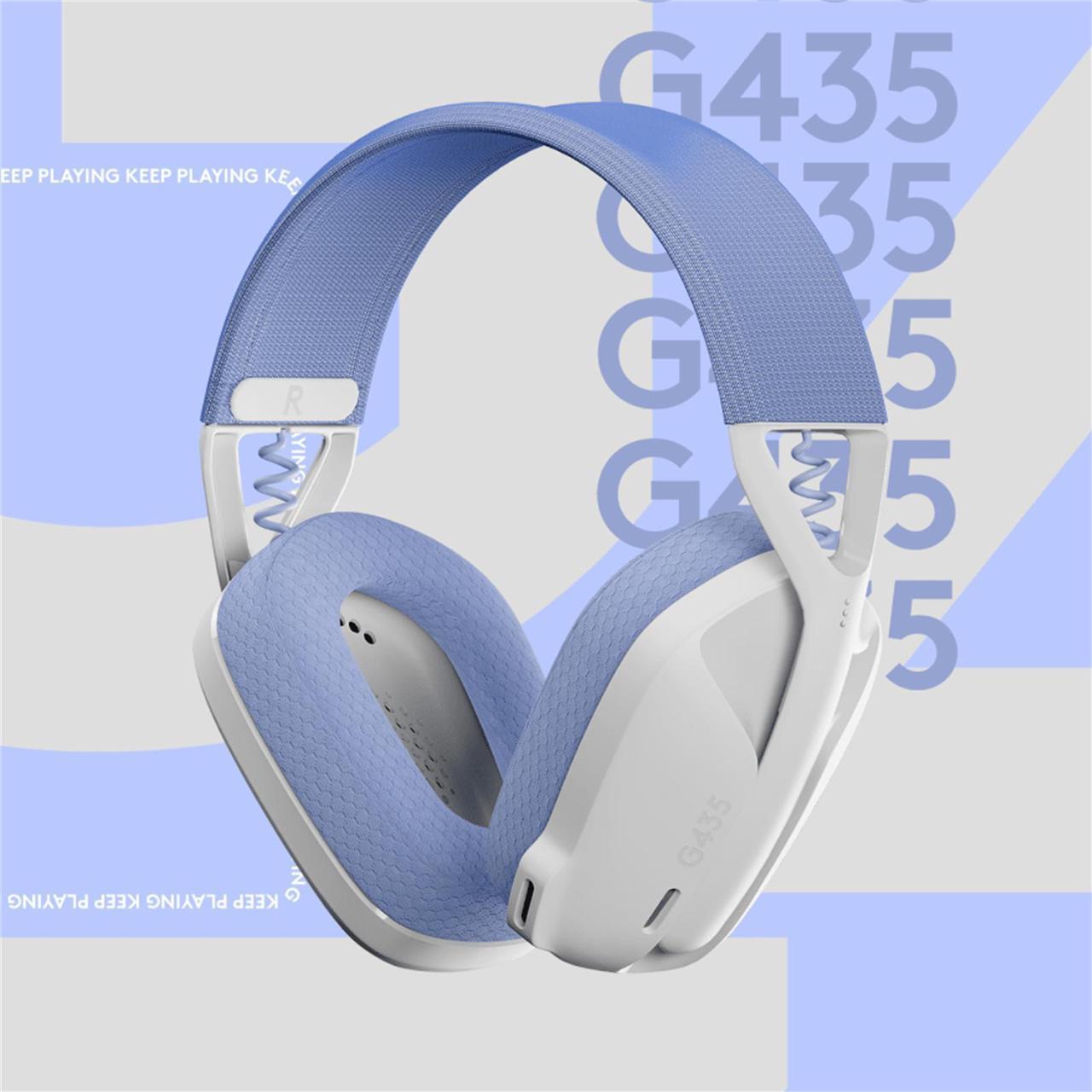 Logitech G435 Wireless Bluetooth Gaming Headset with Microphone, HD Sound Quality, USB 2.0, type A, for Windows® 10macOS® X 10.14PlayStation 5 or 4Nintendo Switch, Dolby Atmos,white blue