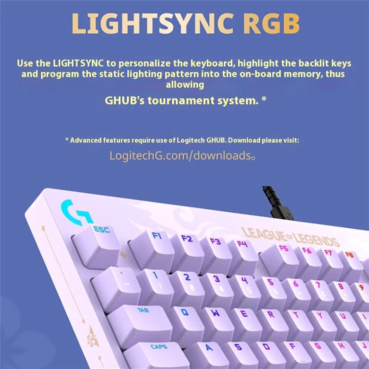 Alt view image 6 of 7 - Logitech G PRO Wired Mechanical Gaming Keyboard LOL Edition, GX BROWN, 87 Keys, Aluminum Faceplate, LIGHTSYNC RGB, Detachable Cable, 12 Programmable F-Key Macros - Purple