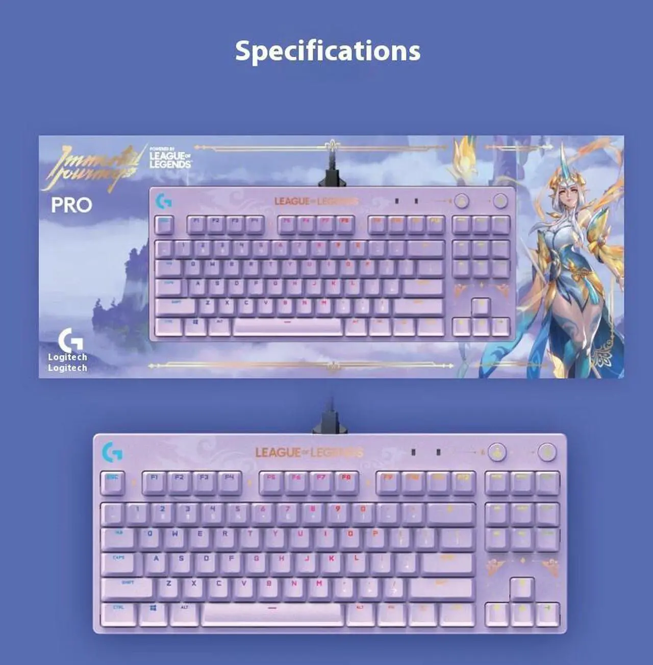 Alt view image 7 of 7 - Logitech G PRO Wired Mechanical Gaming Keyboard LOL Edition, GX BROWN, 87 Keys, Aluminum Faceplate, LIGHTSYNC RGB, Detachable Cable, 12 Programmable F-Key Macros - Purple