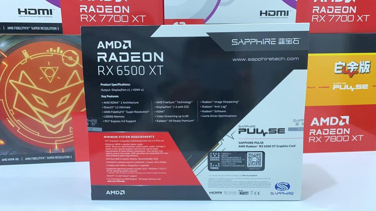 Alt view image 7 of 7 - SAPPHIRE Tech Pulse Radeon RX 6500 XT Video Card,oc, Graphics card, 2825 MHz, 4GB, 64-bit, GDDR6, 18 Gbps, RDNA 2