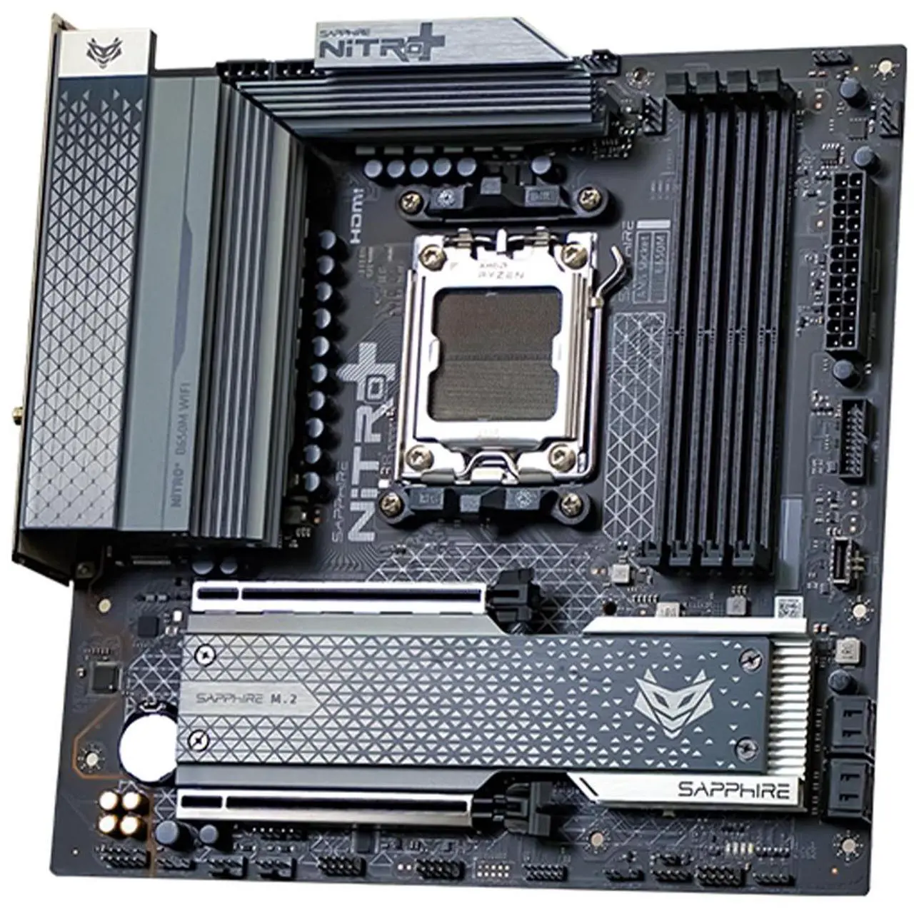 Alt view image 2 of 7 - Sapphire Tech NITRO+ B650M WIFI Motherboard, Desktop Motherboard,  for AMD Razorback 9000/8000/7000 series processor, WIFI6+Bluetooth 5, A.M.D B650, AM5, 1*PCIE5.0x16,1*PCIE4.0x4, 1*HDMI, 1*DP