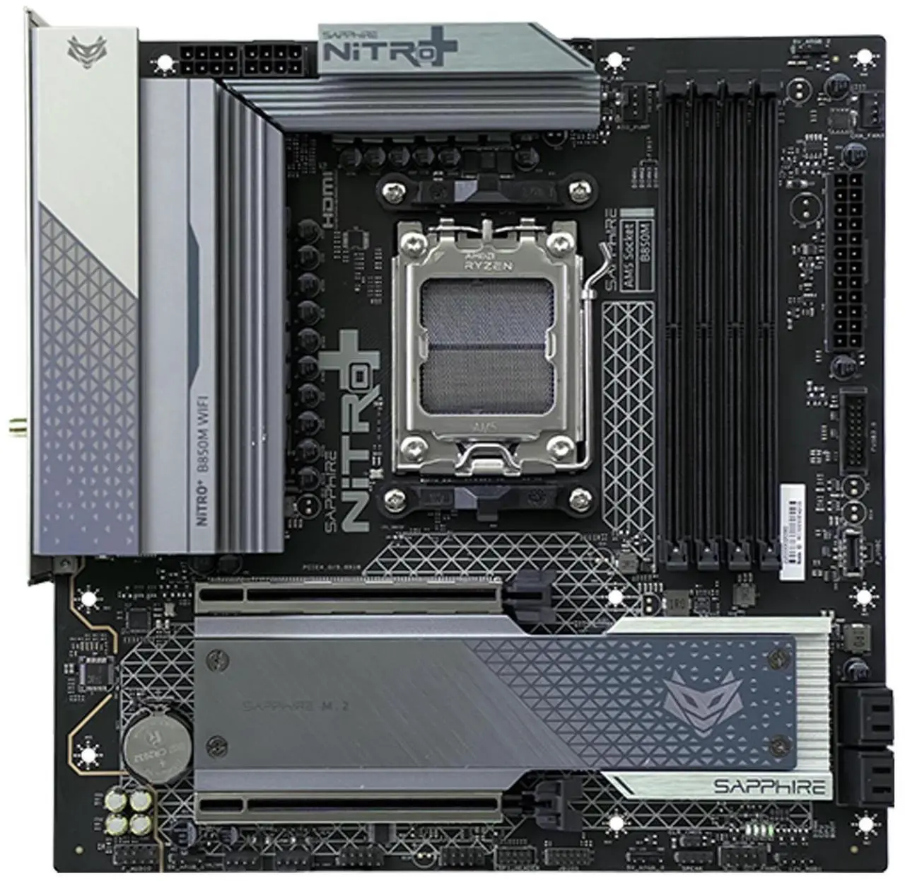 Alt view image 2 of 7 - Sapphire Tech NITRO+ B850M WIFI Motherboard, Desktop Motherboard, for AMD Razorback 9000/8000/7000 Series Processors, WIFI6+ Bluetooth 5, AMD B850, AM5, 1*PCIE5.0x16,1*PCIE4.0x4, 1*HDMI, 1*DP