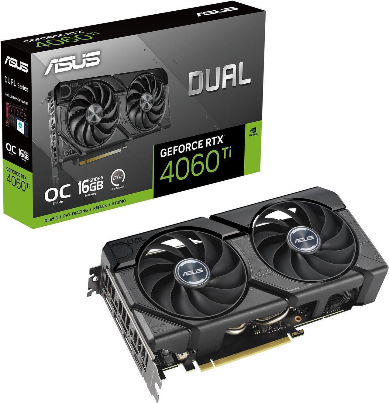 Main image of ASUS Dual GeForce RTX 4060 Ti EVO OC Edition 16GB GDDR6 (PCIe 4.0, 16GB GDDR6, DLSS 3, HDMI 2.1a, DisplayPort 1.4a, 2.5-slot design, Axial-tech fan design) DUAL-RTX4060TI-O16G-EVO, Refurbish Card