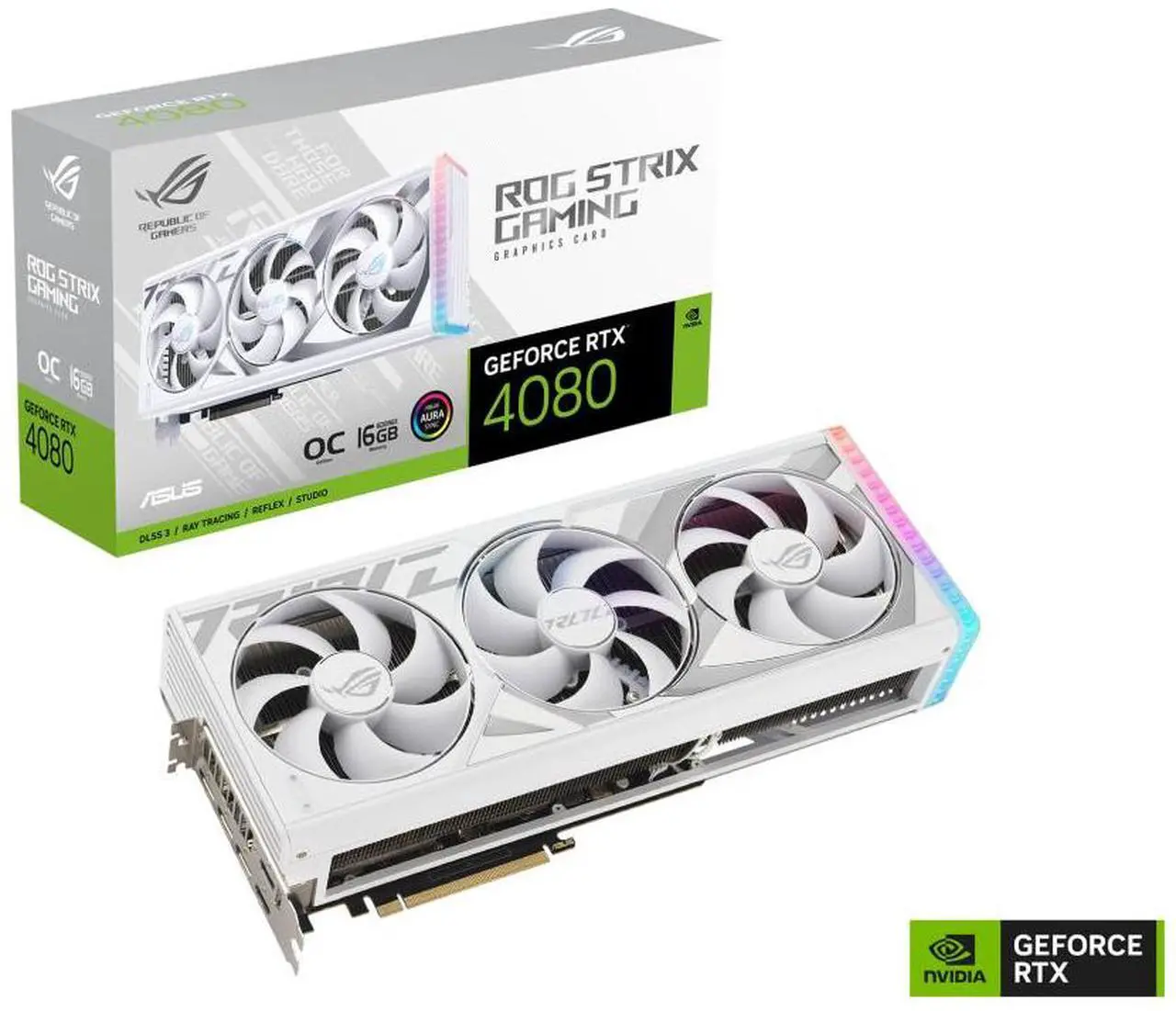 Main image of ASUS ROG Strix GeForce RTX 4080 OC WHITE Edition Gaming Graphics Card (PCIe 4.0, 16GB GDDR6X, HDMI 2.1a, DisplayPort 1.4a) ROG-STRIX-RTX4080-O16G-WHITE Video Card