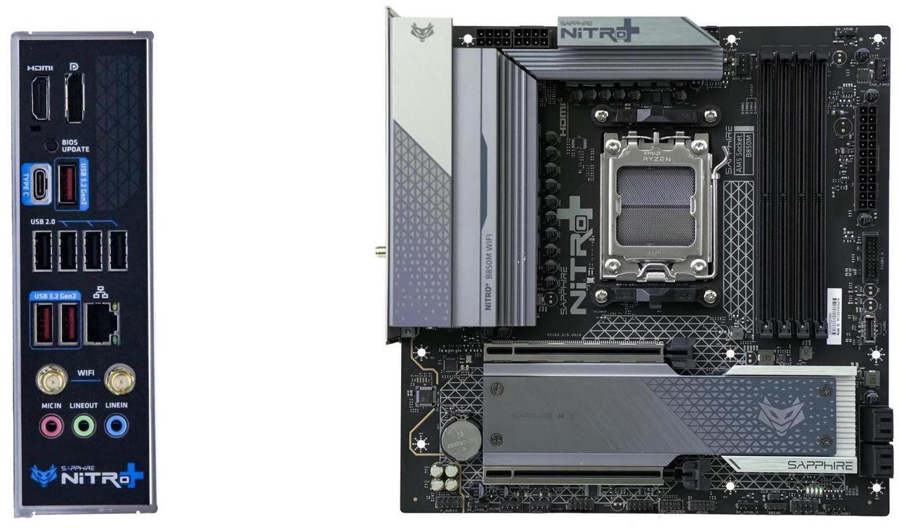 Alt view image 4 of 7 - Sapphire Tech NITRO+ B850M WIFI AM5 Motherboard &  Ryzen 9 9900X 12-Core CPU Combo | 12+2+1 Phase VRM, PCIe 5.0 x16/M.2, DDR5 8000+ OC, Wi-Fi 6 Gaming & Productivity Bundle