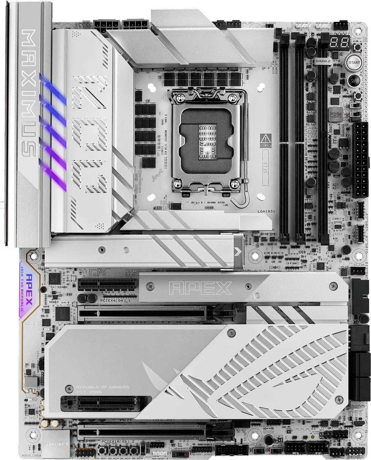 Alt view image 2 of 7 - ASUS ROG MAXIMUS Z890 APEX In.tel Z890 LGA 1851 ATX motherboard, Advanced AI PC-ready, 22+2+1+2 stages, DDR5, WiFi 7, 5G LAN, 3x PCIe® 5.0 M.2, Thunderbolt 4, USB Type-C®, AI OC, Cooling & Networking