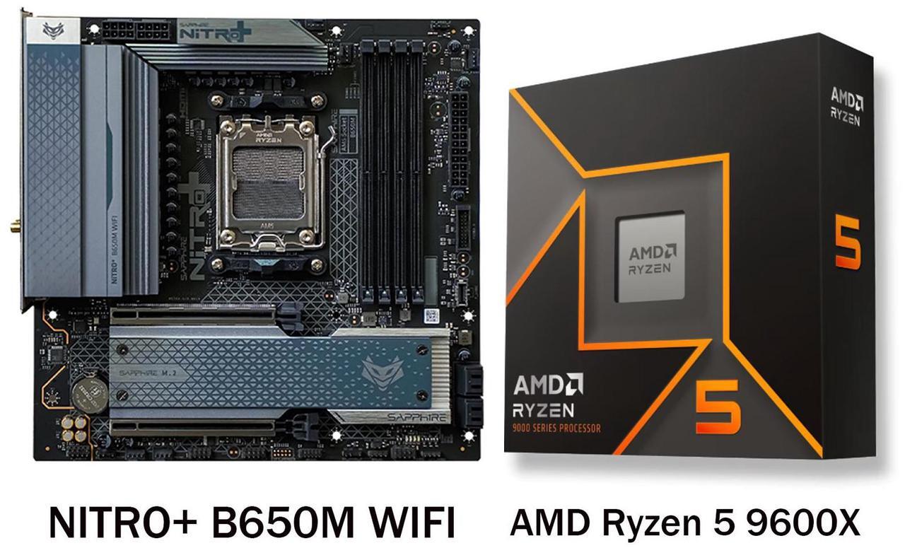 Main image of Sapphire Tech NITRO+ B650M WiFi AM5 Motherboard & Ryzen 5 9600X 6-Core CPU Combo | PCIe 5.0 x16, DDR5 7600MT/s, 12+2+1 Power Phase, Wi-Fi 6, 4K 144Hz HDMI