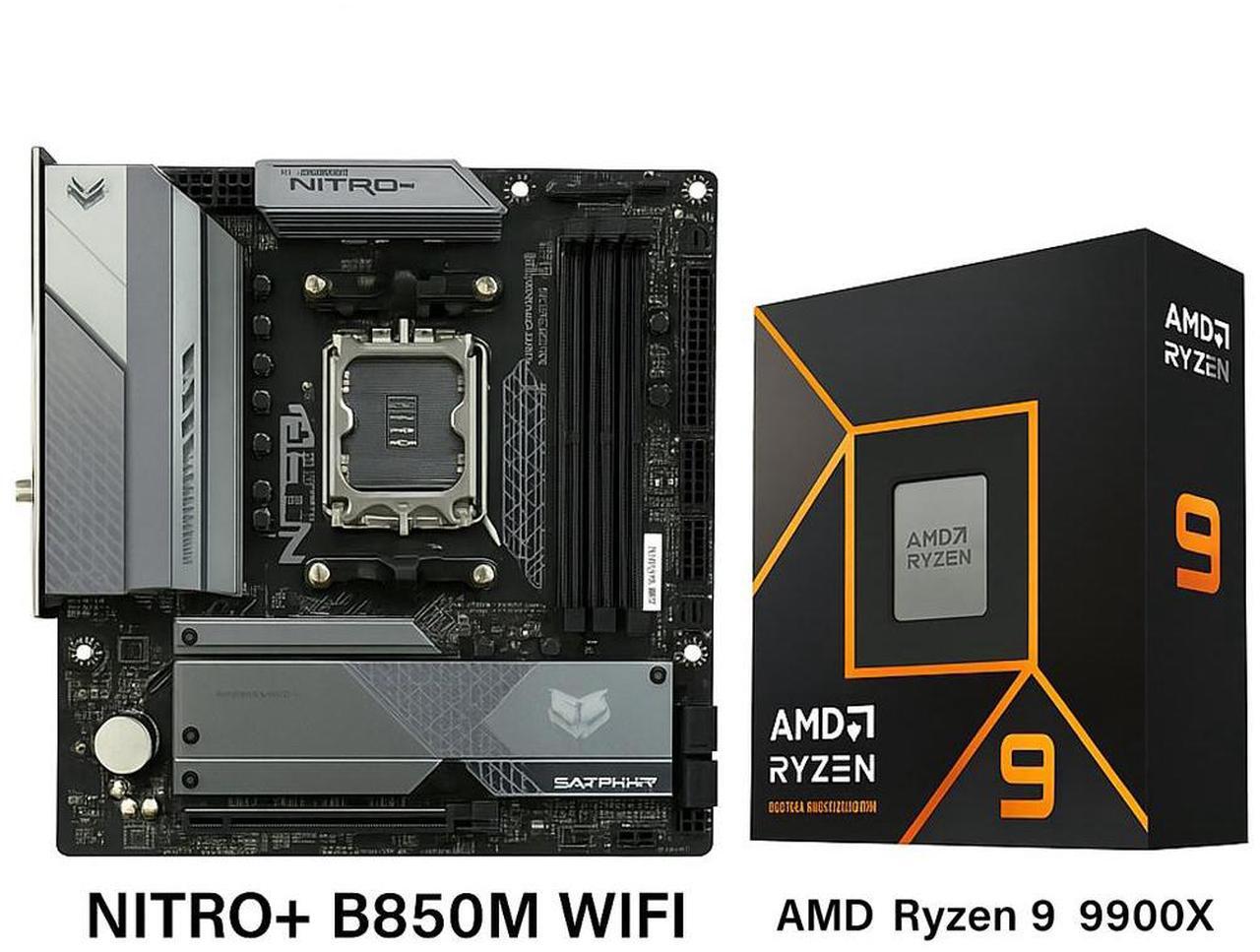 Main image of Sapphire Tech NITRO+ B850M WIFI AM5 Motherboard &  Ryzen 9 9900X 12-Core CPU Combo | 12+2+1 Phase VRM, PCIe 5.0 x16/M.2, DDR5 8000+ OC, Wi-Fi 6 Gaming & Productivity Bundle