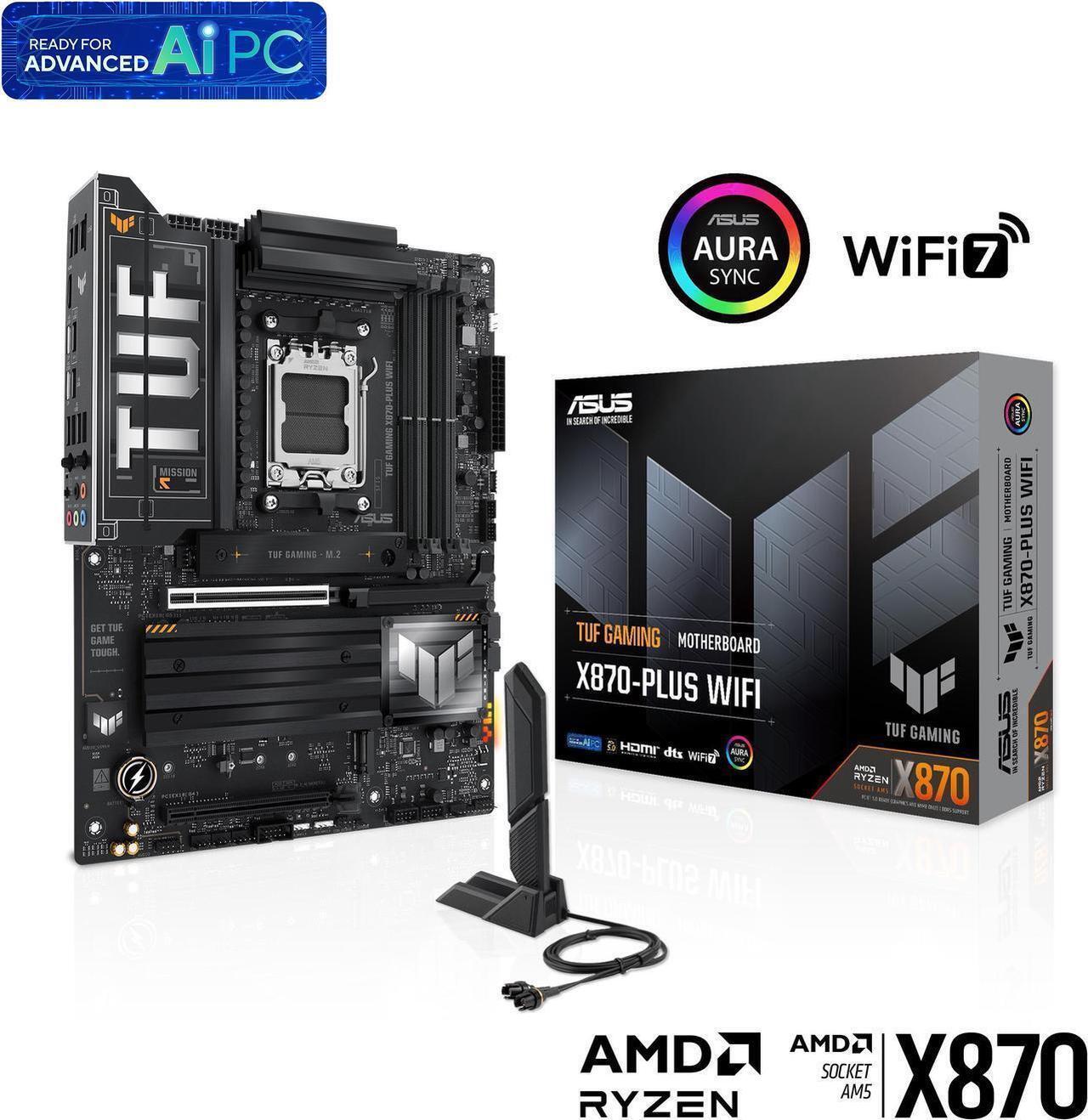 Main image of ASUS TUF GAMING X870-PLUS WIFI AMD AM5 X870 ATX motherboard, 16+2+1, 80A SPS power stages, DDR5, PCIe 5.0 Ready, four M.2 slots, Wi-Fi 7, 2.5Gb LAN, HDMI, USB4 40Gbps, SATA 6 Gbps, USB 20Gbps Type-C