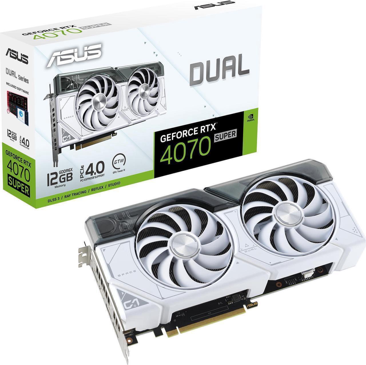 Main image of ASUS Dual GeForce RTX 4070 SUPER White OC Edition (PCIe 4.0, 12GB GDDR6X, DLSS 3, HDMI 2.1a, DisplayPort 1.4a, 2.56-slot design, Axial-tech fan design, Auto-Extreme Tech) DUAL-RTX4070S-O12G-WHITE
