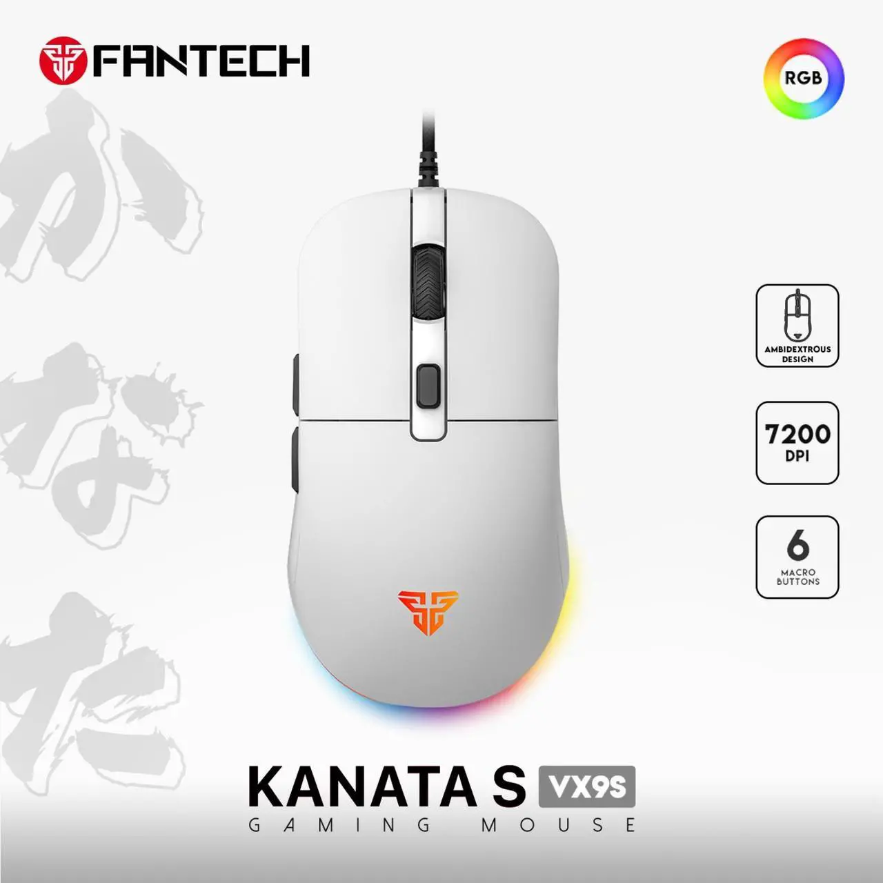 Alt view image 5 of 5 - FANTECH KANATA VX9S White Wired Gaming Mouse, 7200 DPI Adjustable, 6 Buttons,Ambidextrous DesignRGB Lighting, Ergonomic Design for PC/Computer (White)