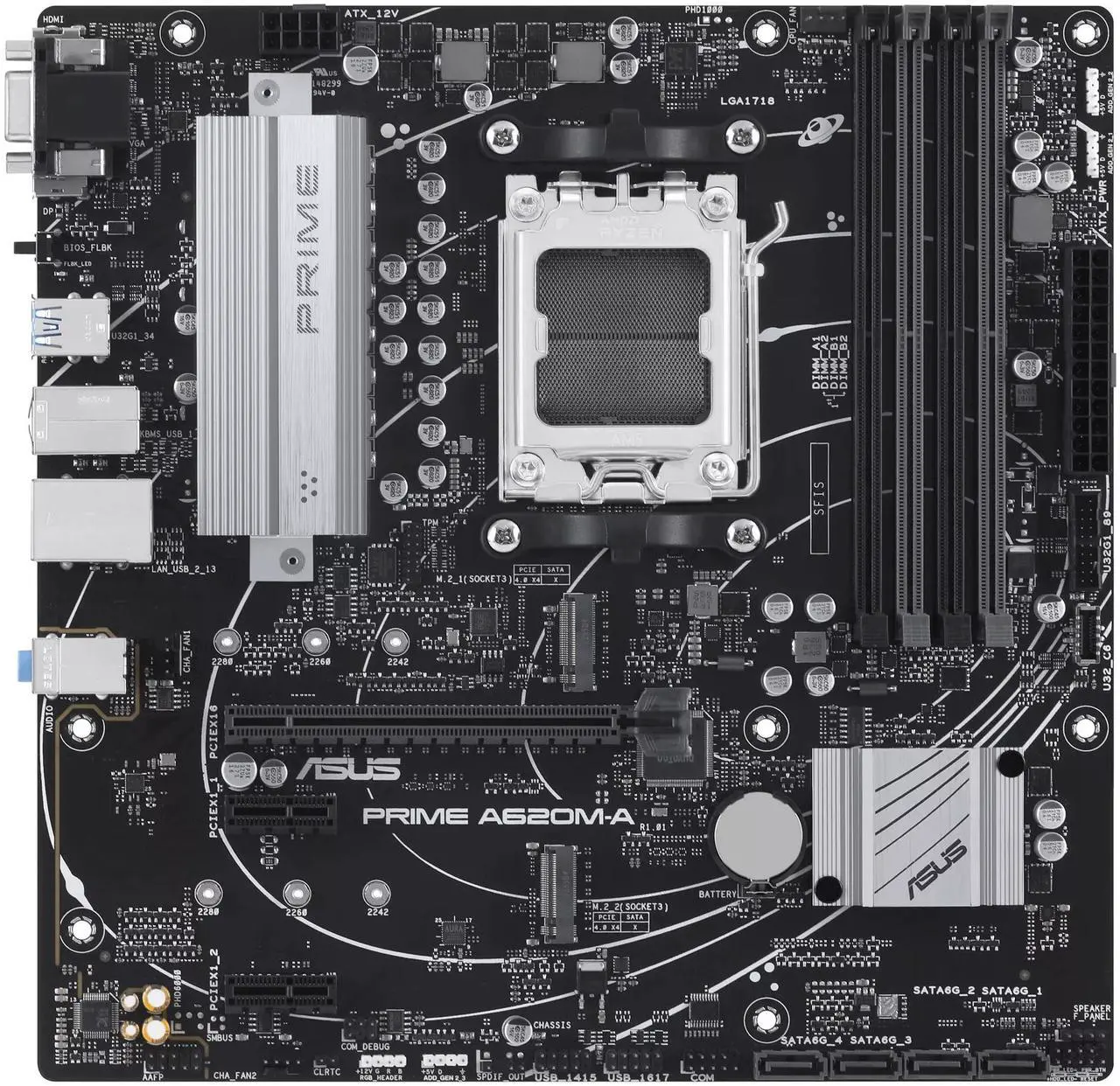 Alt view image 2 of 7 - ASUS PRIME A620M-A Motherboard, AMD AM5 micro-ATX, DDR5, PCIe 4.0, Dual M.2, DisplayPort/HDMI/VGA, USB 3.2 Gen 1 Ports, SATA 6 Gbps, BIOS FlashBack, AI Noise Reduction, AURA SYNC Lighting Effects