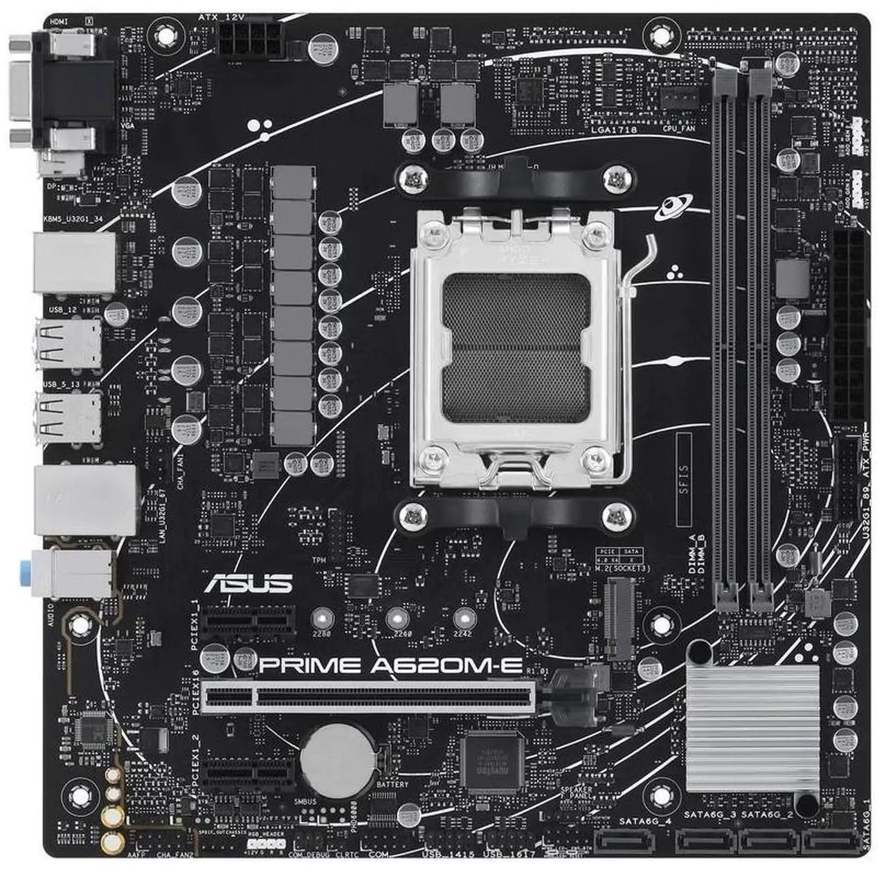 Main image of ASUS PRIME A620M-E Motherboard, AM5, DDR5, PCIe 4.0  AMD A620 micro-ATX,  Supports CPUs 7500F/7600/7700X PRIME A620M-E, AURA SYNC Synchronized Lighting Effects, SATA 6 Gbps