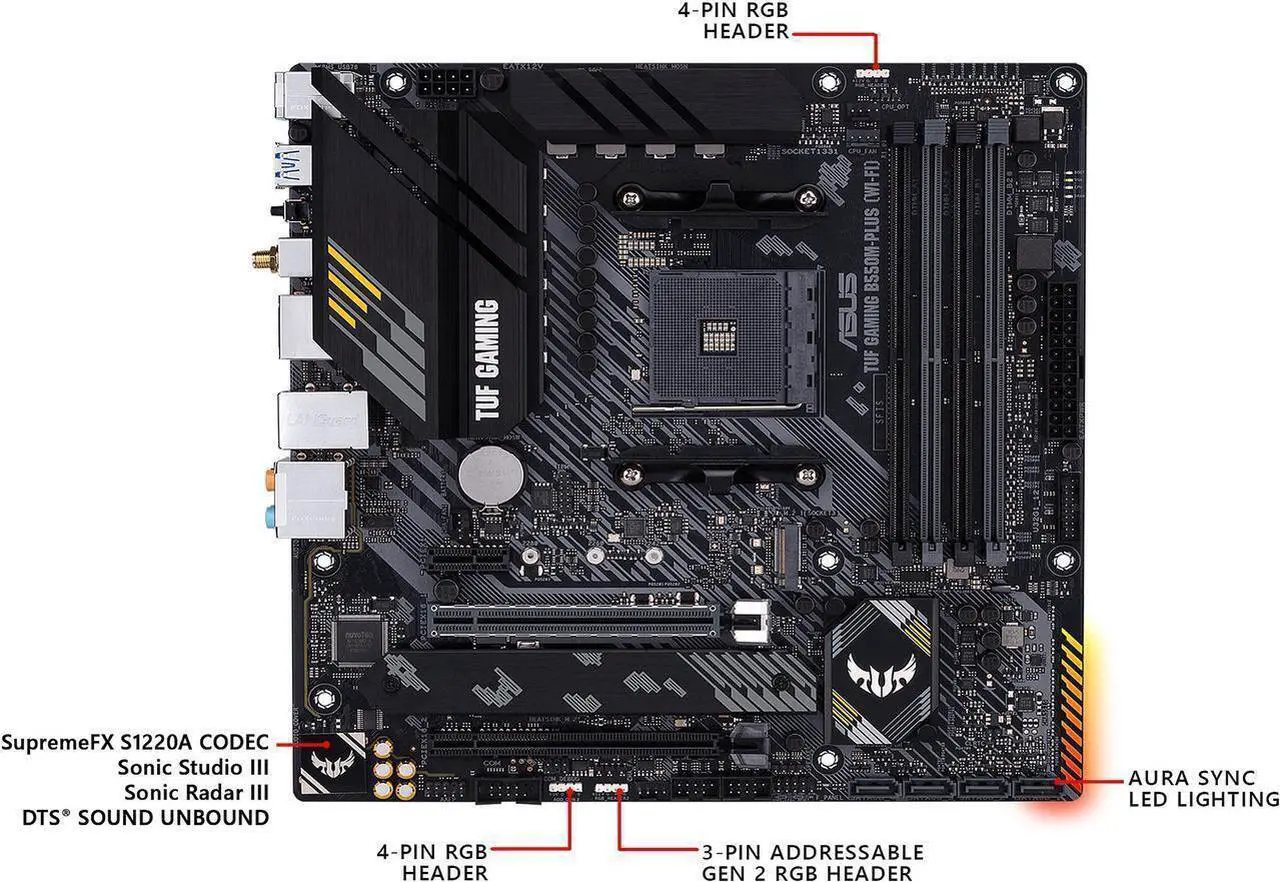 Alt view image 2 of 7 - ASUS TUF GAMING B550M-PLUS AMD AM4 (3rd Gen Ryzen) Micro ATX Gaming Motherboard (PCIe 4.0, 2.5Gb LAN, BIOS FlashBack, HDMI 2.1, USB 3.2 Gen 2, Addressable Gen 2 RGB Header and AURA Sync)