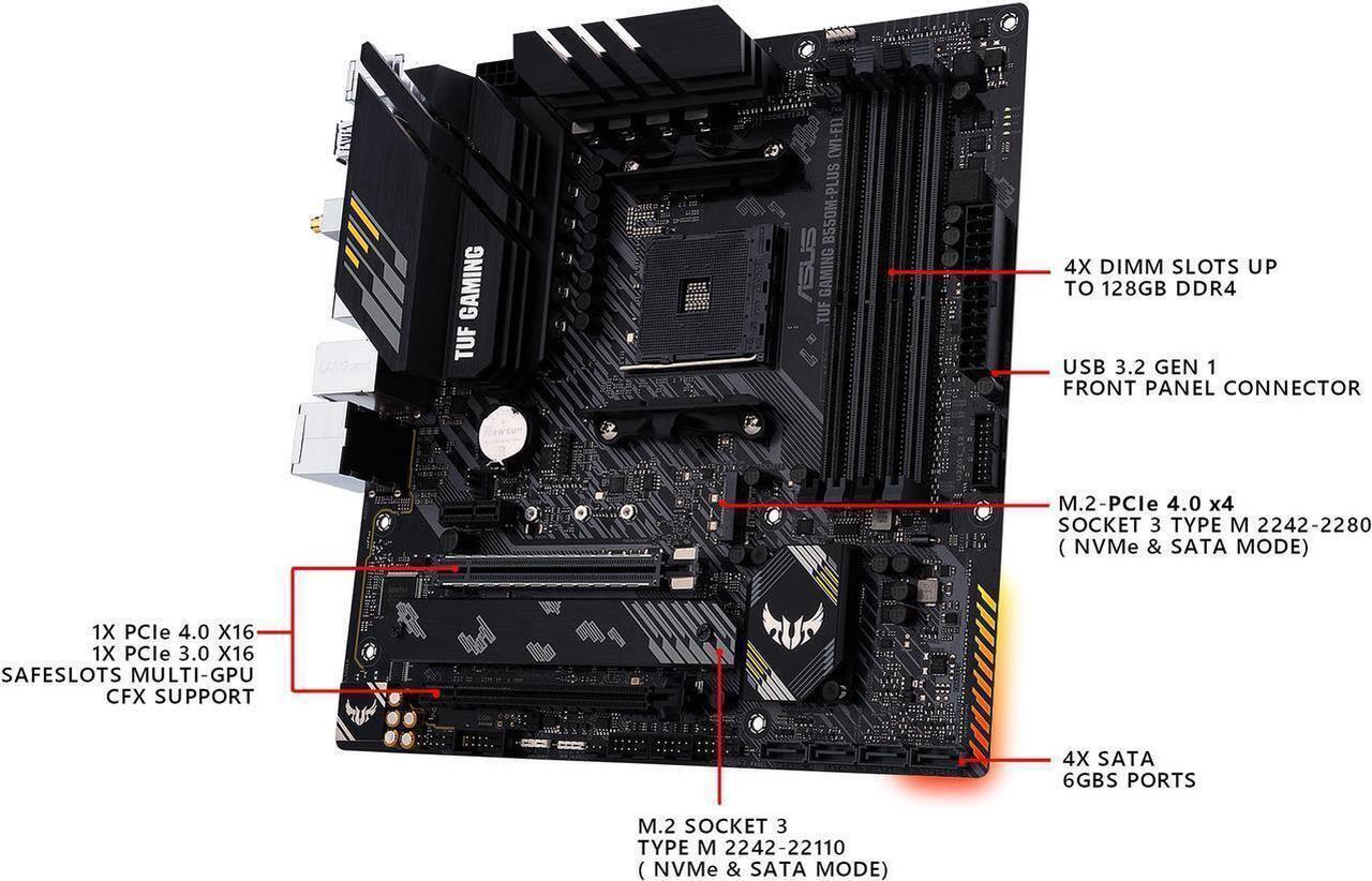 Alt view image 4 of 7 - ASUS TUF GAMING B550M-PLUS (Wi-Fi) AMD AM4 (3rd Gen Ryzen) Micro ATX Gaming Motherboard (PCIe 4.0, 2.5Gb LAN, BIOS FlashBack, HDMI 2.1, USB 3.2 Gen 2, Addressable Gen 2 RGB Header and AURA Sync)