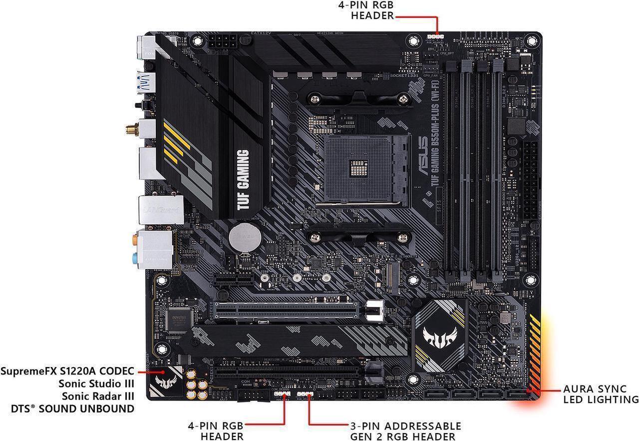 Alt view image 6 of 7 - ASUS TUF GAMING B550M-PLUS (Wi-Fi) AMD AM4 (3rd Gen Ryzen) Micro ATX Gaming Motherboard (PCIe 4.0, 2.5Gb LAN, BIOS FlashBack, HDMI 2.1, USB 3.2 Gen 2, Addressable Gen 2 RGB Header and AURA Sync)