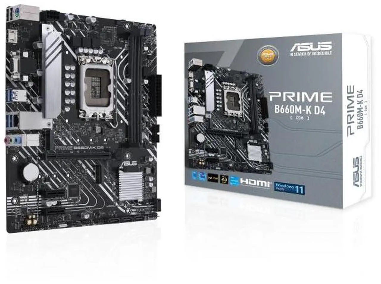Main image of ASUS PRIME B660M-K D4-CSM Intel® B660 (LGA 1700) mATX motherboard with PCIe® 4.0, 2 M.2 slots, DDR4, HDMI®, D-Sub, Realtek 1G Wired LAN, Front USB 3.2 Gen 1, ASUS Lighting Controls