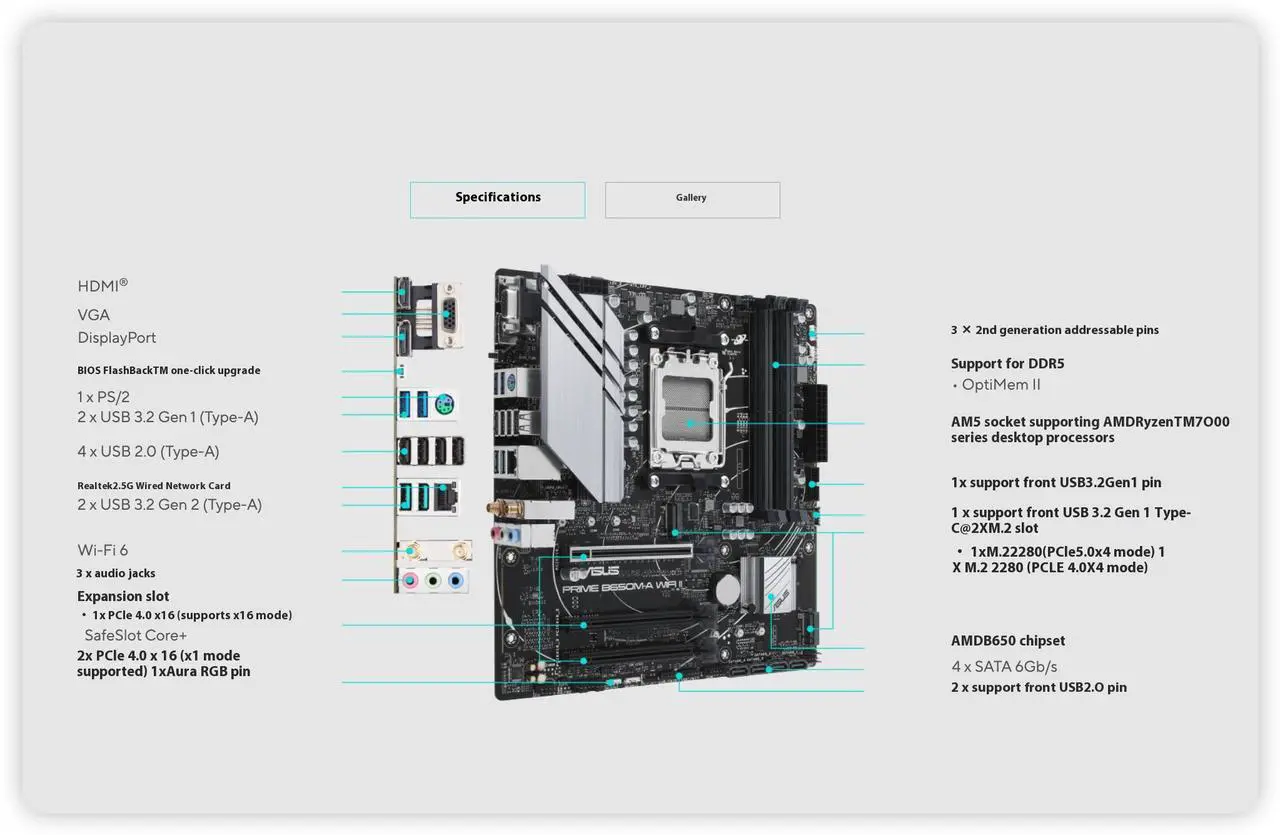 Alt view image 4 of 4 - ASUS PRIME B650M-A WIFI II-CSM motherboard, AMD B650 Mini-ITX Motherboard, DDR5, PCIe 5.0 M.2, Wi-Fi 6, DisplayPort, VGA, HDMI®, SATA 6 Gbps, BIOS FlashBack AURA SYNC.