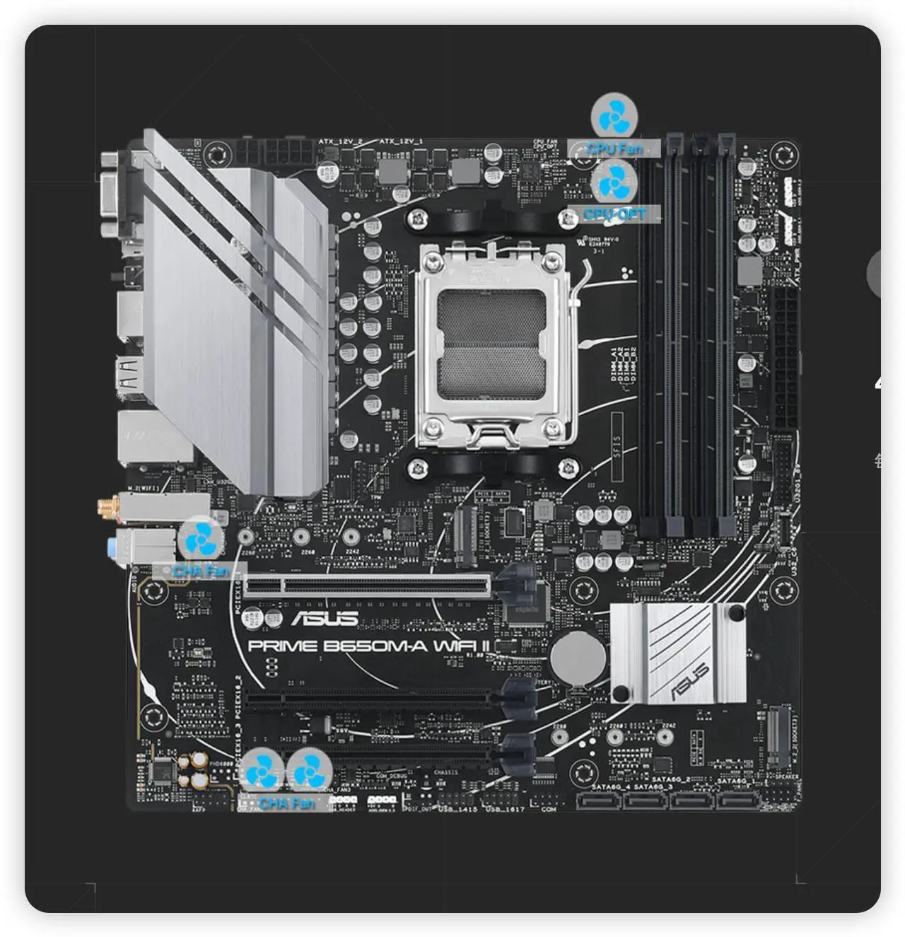 Alt view image 3 of 4 - ASUS PRIME B650M-A WIFI II-CSM motherboard, AMD B650 Mini-ITX Motherboard, DDR5, PCIe 5.0 M.2, Wi-Fi 6, DisplayPort, VGA, HDMI®, SATA 6 Gbps, BIOS FlashBack AURA SYNC.