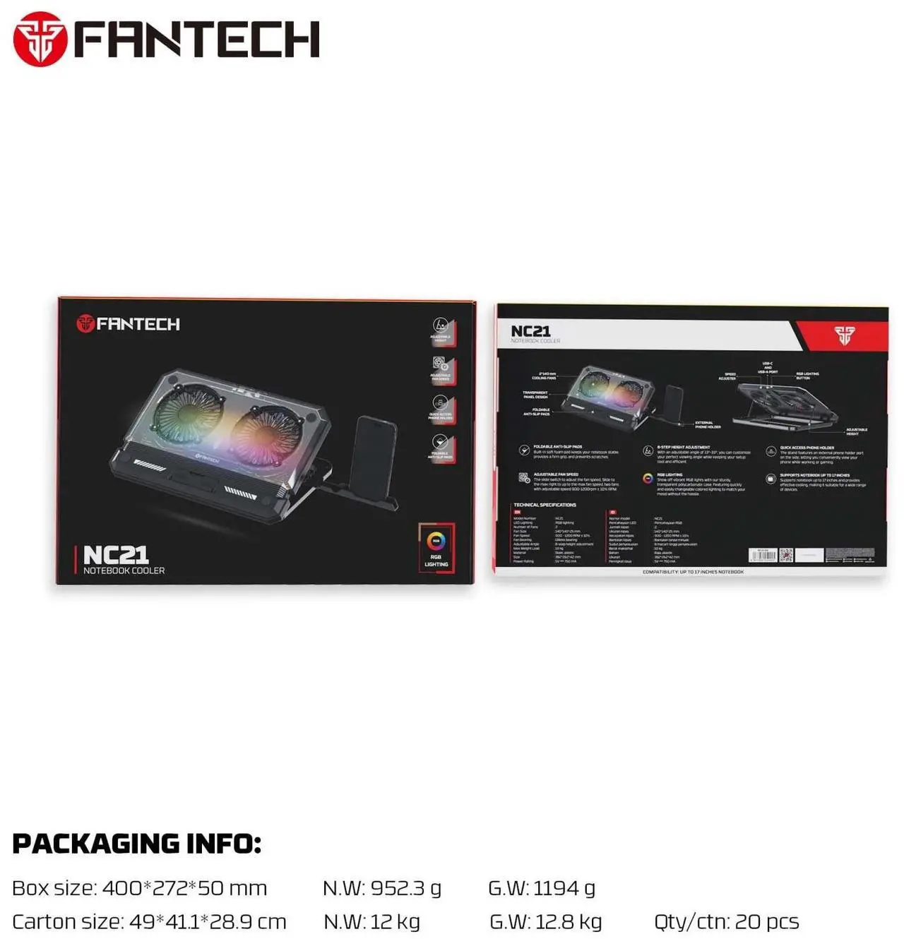 Alt view image 7 of 7 - Fantech NC21 Notebook Cooler, adjustable height,Adjustable wind speed, quick access phone holder, RGB light, Notebook Accessories, black