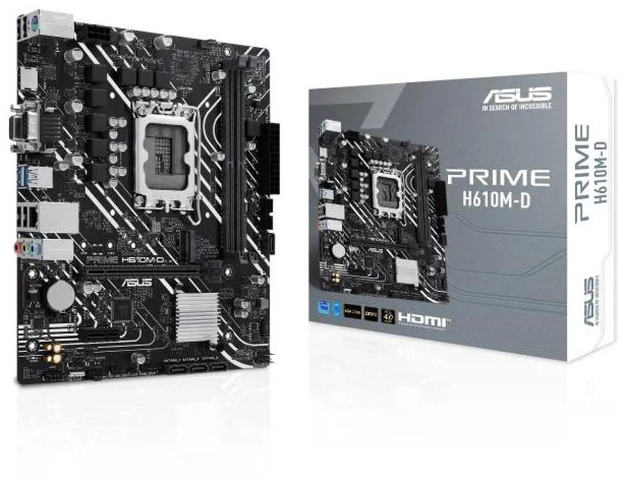 Main image of ASUS PRIME H610M-D Intel H610 (LGA 1700) micro-ATX motherboard, DDR5, PCIe 4.0, M.2 slot, Realtek 1 Gb Ethernet, HDMI, VGA, USB 3.2 Gen 1, SATA 6 Gbps, COM port, RGB header