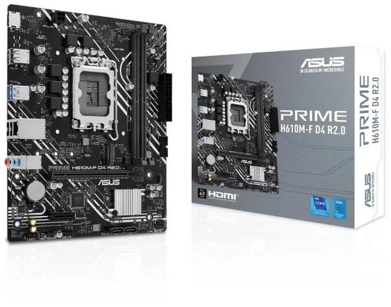 Main image of ASUS PRIME H610M-F D4 R2.0 Intel H610 (LGA 1700) micro-ATX motherboard PCIe 4.0, DDR4, M.2 slot, Realtek 1Gb Ethernet, HDMI, SATA 6 Gbps, USB 5Gbps ports