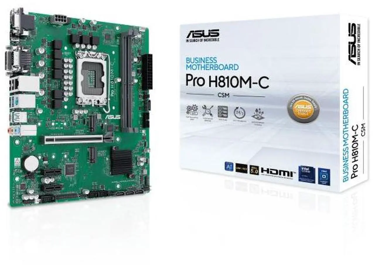 Main image of ASUS Pro H810M-C-CSM Intel H810 (LGA1851) business motherboard,DDR5,PCIe 5.0 x16 SafeSlot,two PCIe 4.0 M.2 slots,Dual DIMM clips,Q-LED Core,DisplayPort,VGA,DVI-D,HDMI,ASUS Control Center Express(ACCE)