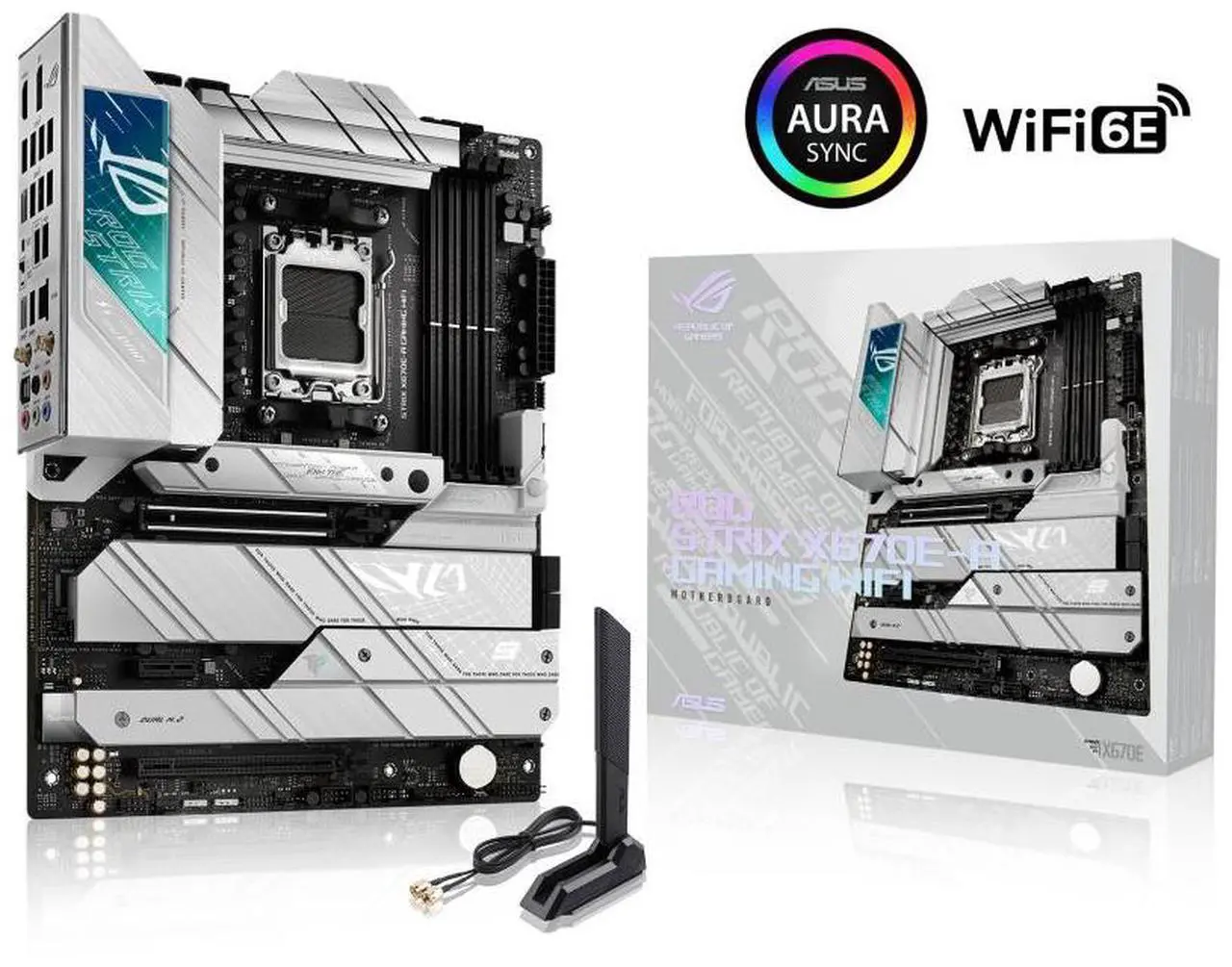 Main image of ASUS ROG STRIX X670E-A GAMING WIFI AMD X670 ATX motherboard,AM5,DDR5 support, one PCIe 5.0 x16 slot with Q-Release, USB 3.2 Gen 2x2, onboard WiFi 6E, AI Cooling II, Aura Sync RGB lighting
