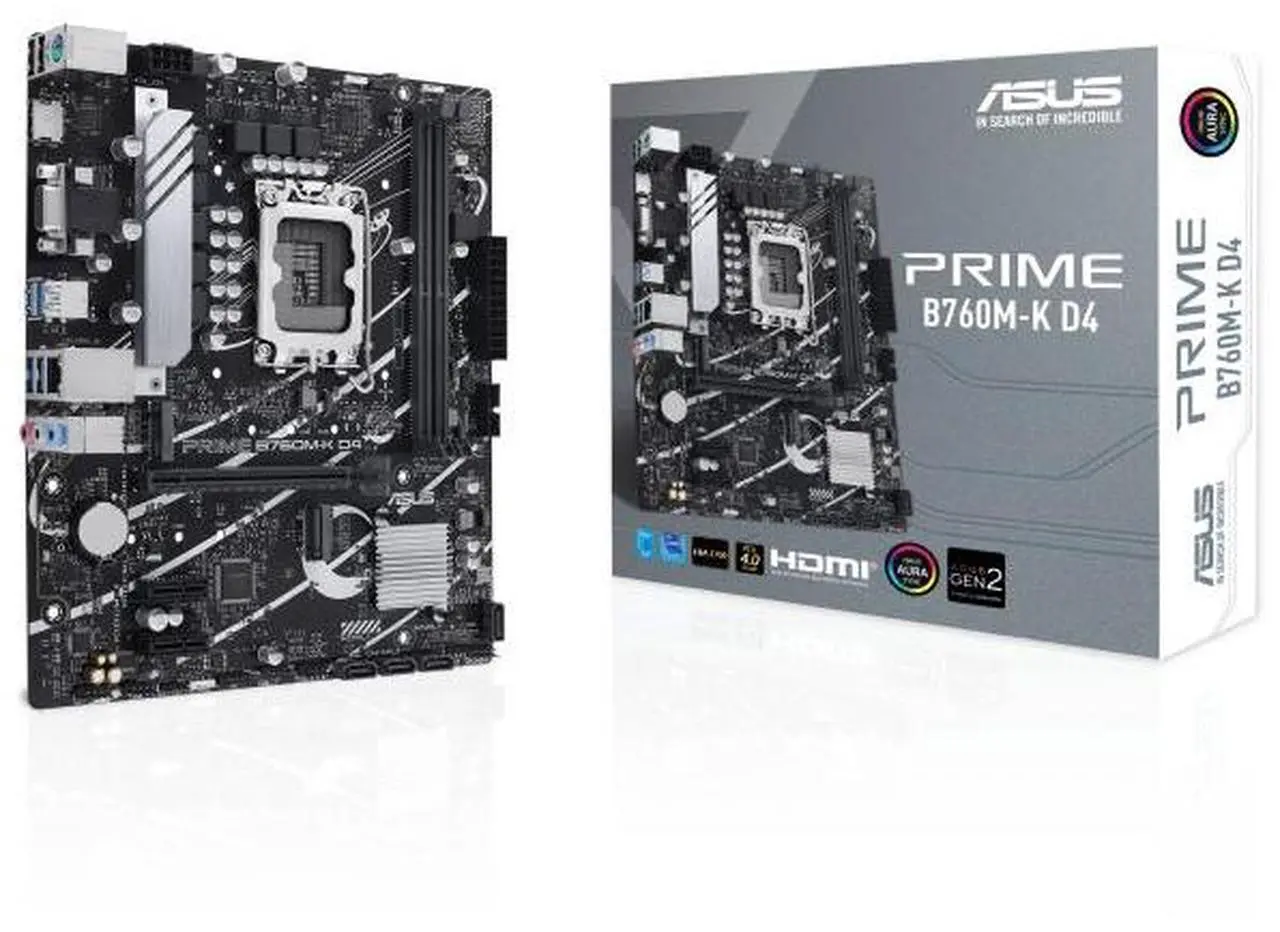 Main image of ASUS PRIME B760M-K D4 Intel B760 (LGA 1700) mATX motherboard,Advanced AI PC ready,PCIe 4.0,two PCIe 4.0 M.2 slots,DDR4,Realtek 2.5Gb Ethernet,VGA,HDMI,SATA 6 Gbps,front USB 3.2 Gen 1,Aura Sync