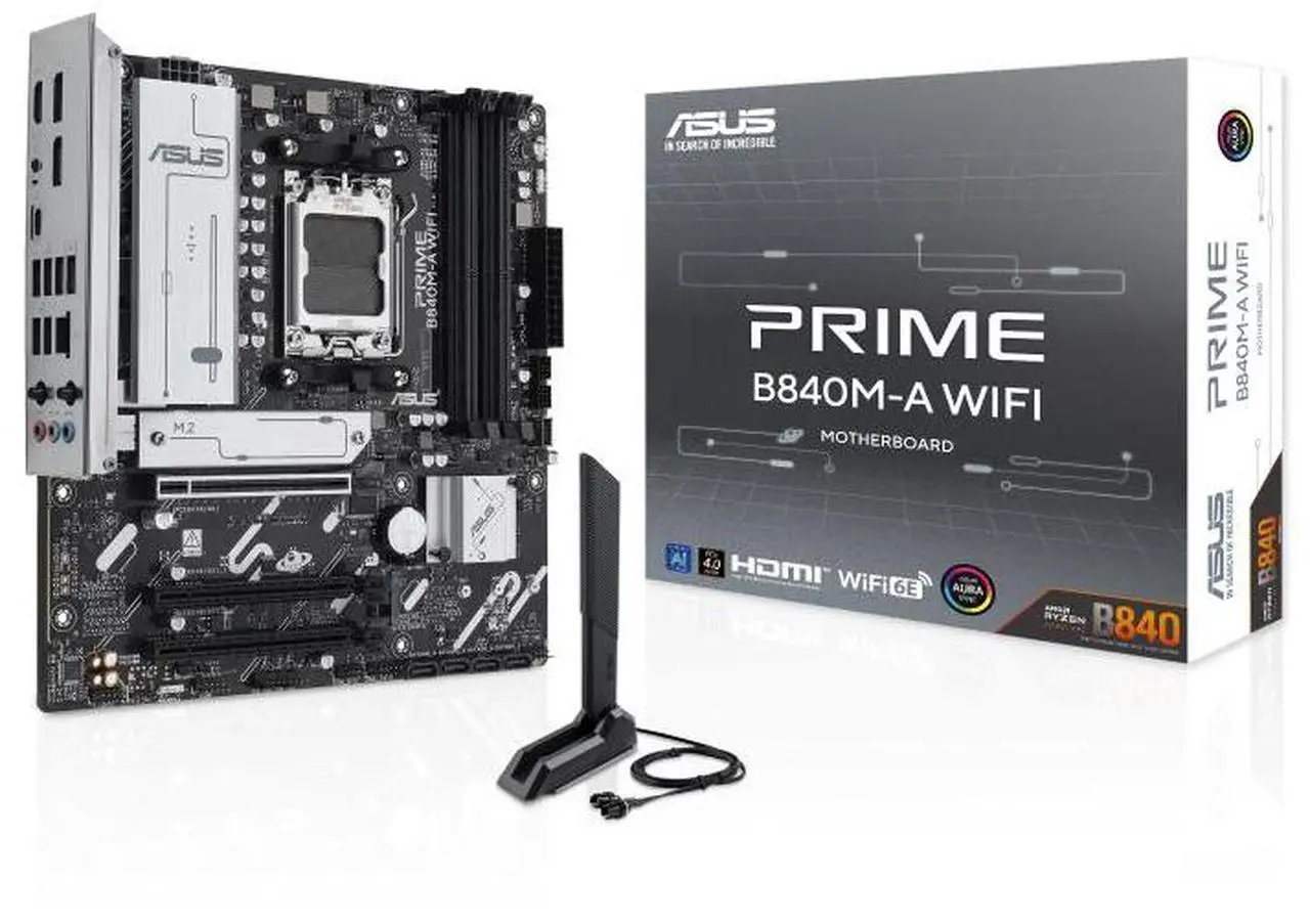 Main image of ASUS PRIME B840M-A WIFI AMD B840 (AM5 Socket) micro-ATX motherboard, DDR5, PCIe 4.0 Ready, three M.2 slots, Wi-Fi 6E,Realtek 2.5Gb Ethernet, Dual DisplayPort, rear and front USB 5Gbps Type-C,Aura Sync