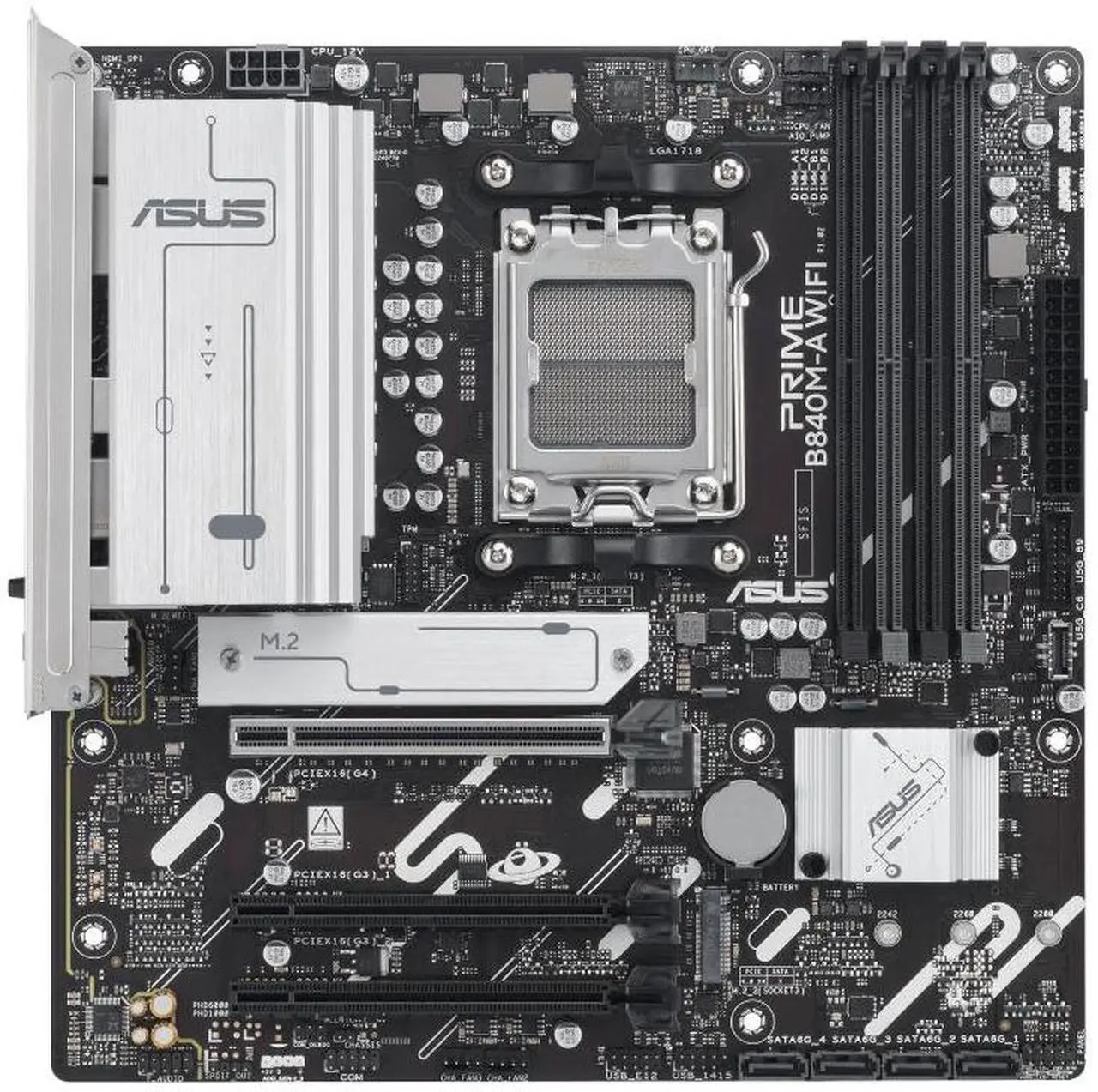 Alt view image 2 of 7 - ASUS PRIME B840M-A WIFI AMD B840 (AM5 Socket) micro-ATX motherboard, DDR5, PCIe 4.0 Ready, three M.2 slots, Wi-Fi 6E,Realtek 2.5Gb Ethernet, Dual DisplayPort, rear and front USB 5Gbps Type-C,Aura Sync