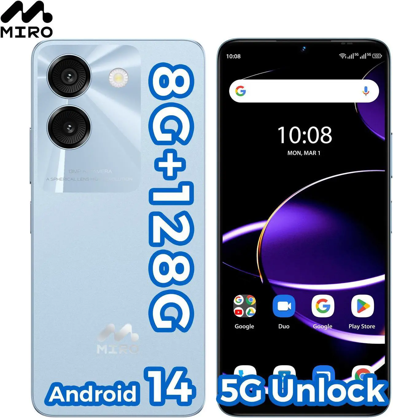 Main image of Miro 5G Unlocked Android Smartphone S67 ,6.75" Water Drop HD+, 90Hz,Memory 8GB+128GB,13MP AI Double Camera 0.3MP Depth,,4900mAh/10W Charging