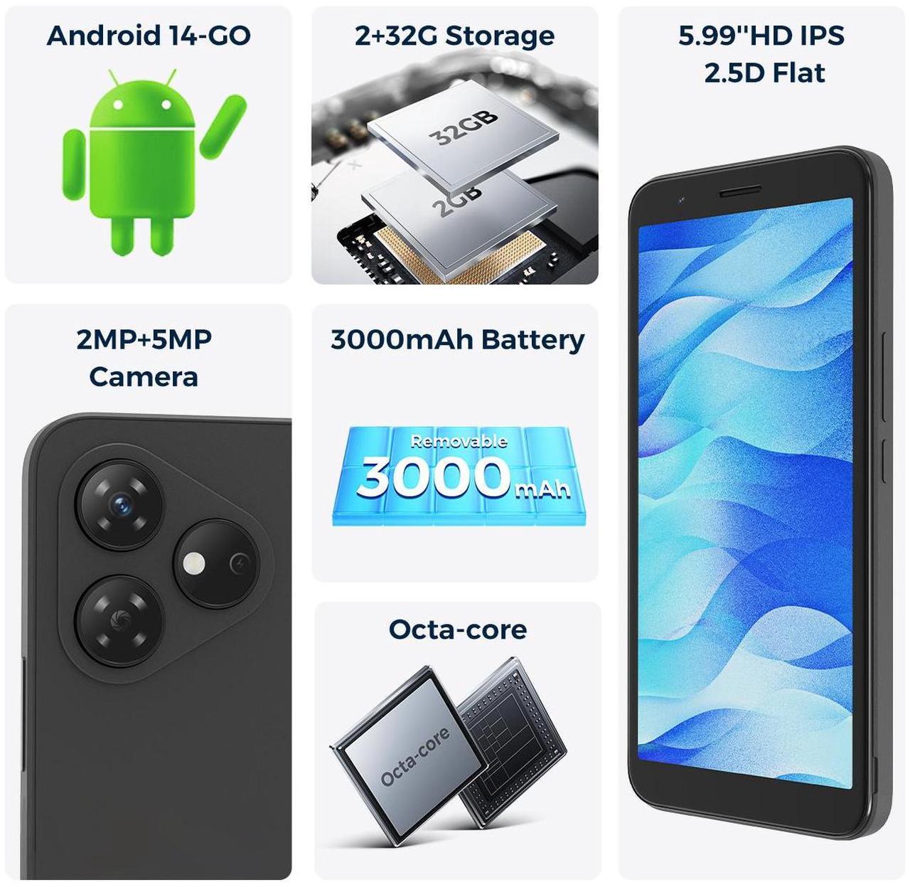 Alt view image 3 of 7 - MIRO A1 Cellphone 5.99'' HD  IPS Incell 2.5D Display Octa-core Android 14 Smartphone 2+32GB TF, 3000mAh Battery Andriod Phone, Unlock Smart Phone, 4G Dual SIM, GPS,OTG