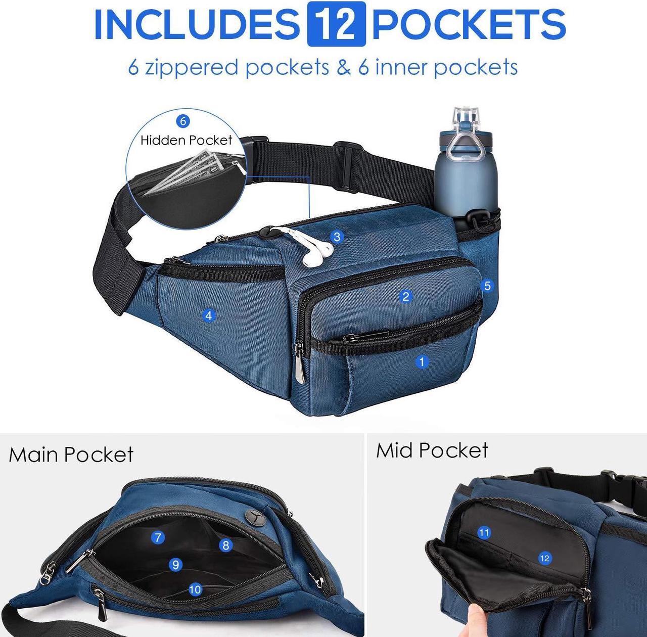 Alt view image 5 of 6 - Large Fanny Pack With Water Bottle Holder For Men Women Hiking Waist Packs Hip Bug Bag Adjustable Belt Bag For Outdoors Workout Dog Walking Traveling Cycling Blue