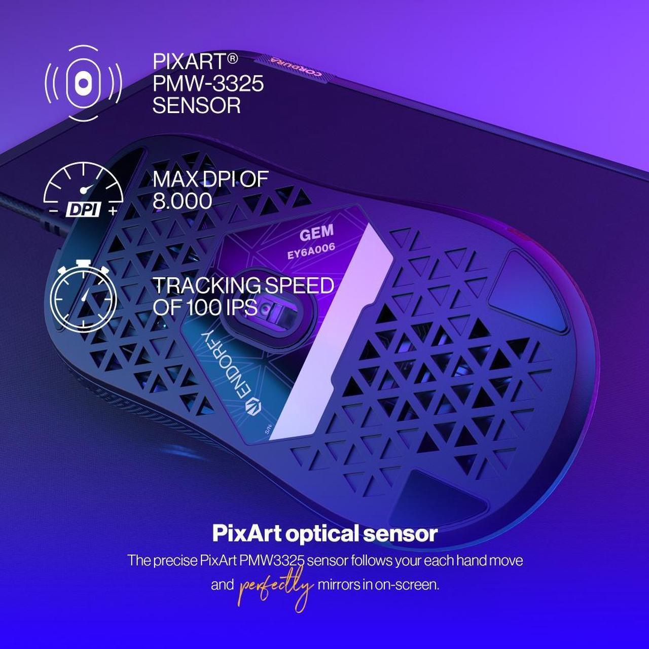 Alt view image 3 of 8 - ENDORFY GEM, gaming mouse, ultralight design (67 g), RGB lighting, 6 programmable buttons, PTFE mouse feet, 8,000 maximum DPI, Kailh GM 4.0 microswitches, EY6A006