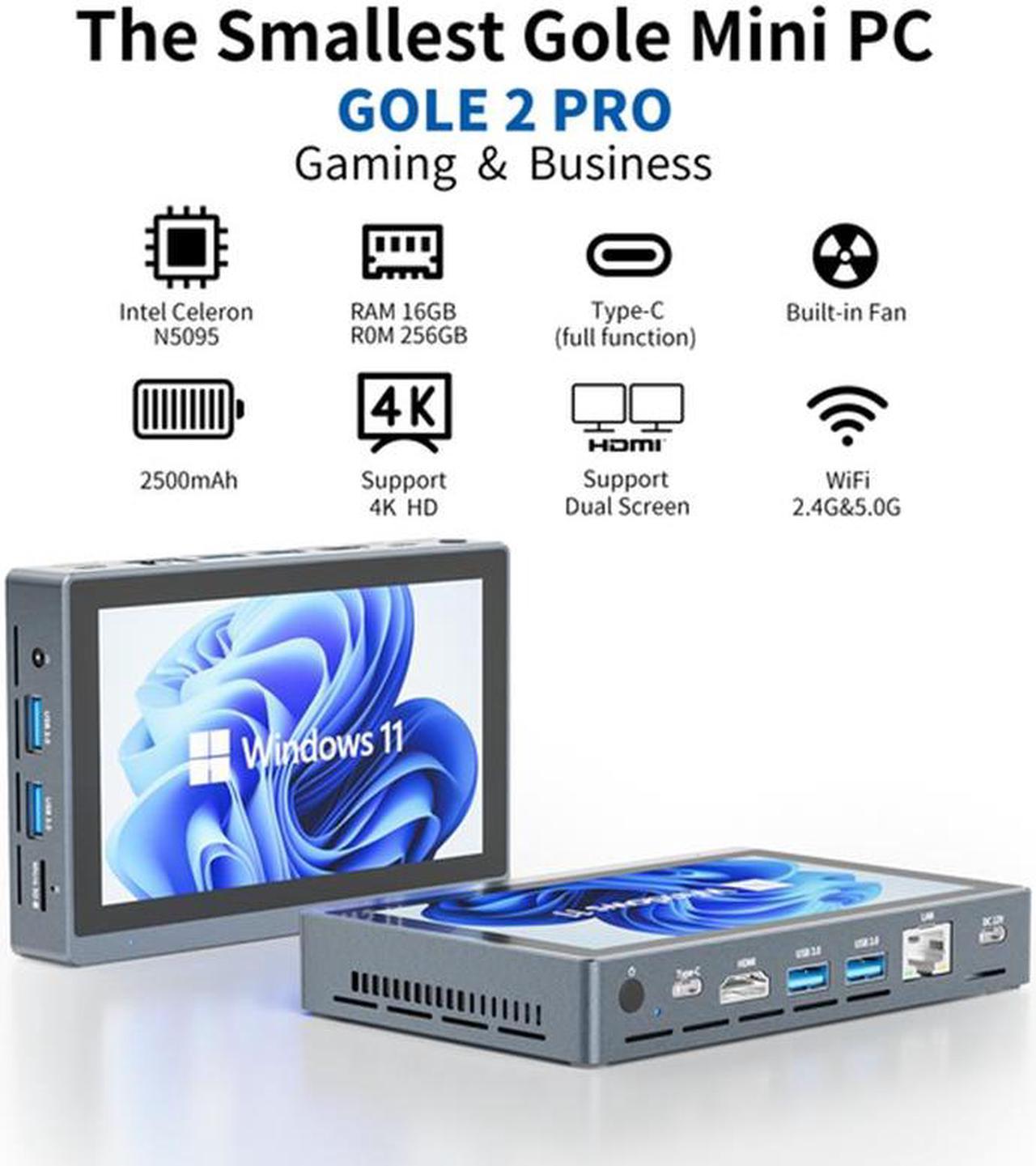 Higole Gole 2 Pro 5.5'' Mini PC Windows 11 Pro Intel Celeron N5095 WiFi 5 BT5.0 16GB LPDDR4 256GB eMMC 2500mAh Battery Dual 4K Video Output Mini PC with Screen Mini Computer With Fan Gigabit Ethernet