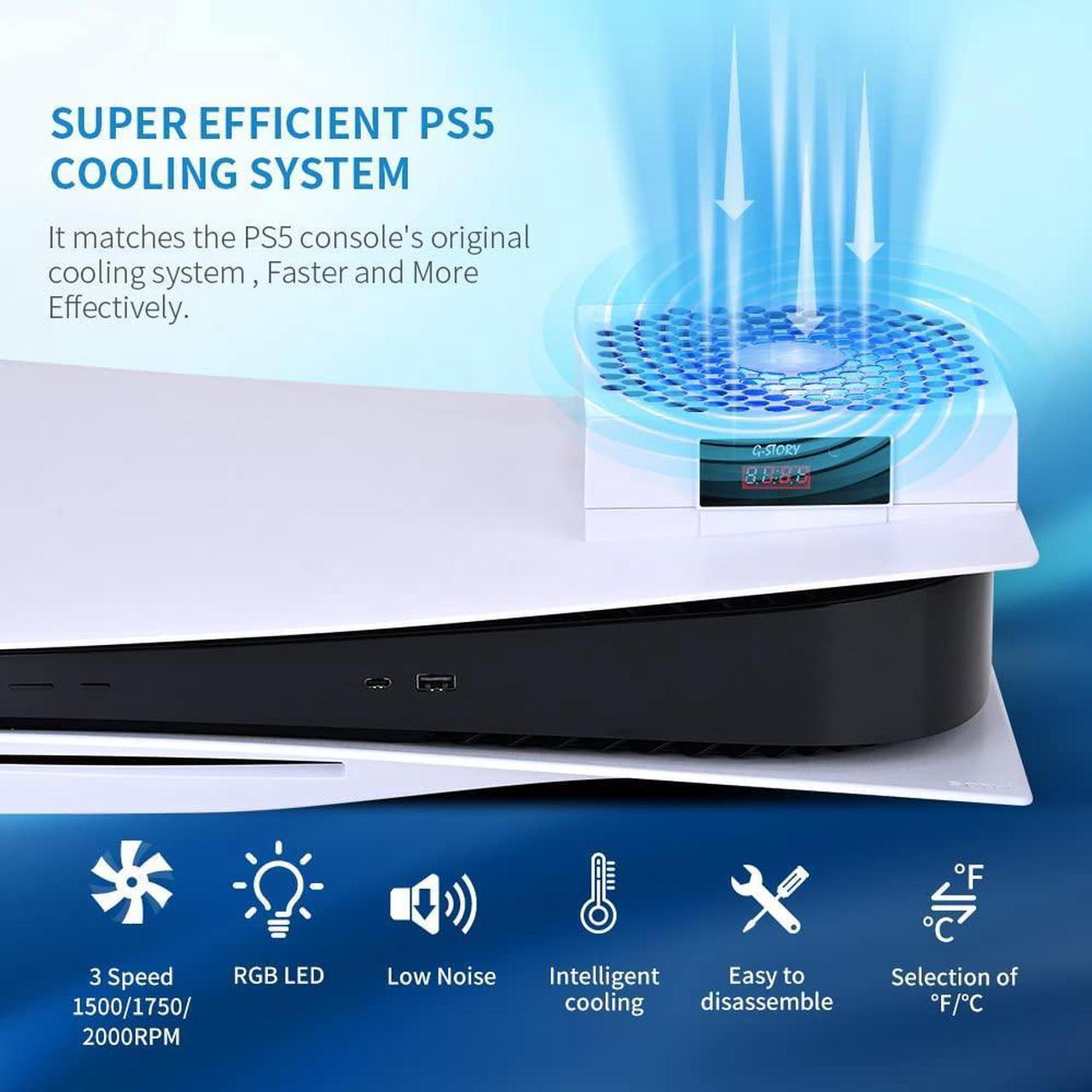 Alt view image 3 of 7 - G-STORY PS5 Cooling Fan,PS5 Fan Cooler System, Fan Speed Automactically Adjusted by Temperature(/), Low Noise, 3 Speed 1500/1750/2000RPM (140MM) with RGB LED (White)