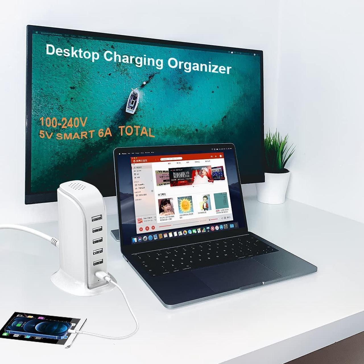 Alt view image 5 of 7 - USB Charging Station, 5-Port USB Fast Charger Multi-USB Fast Charging USB Wall Charging Tower Power Adapter For IPhone, IPad, Kindle, Travel Accessories