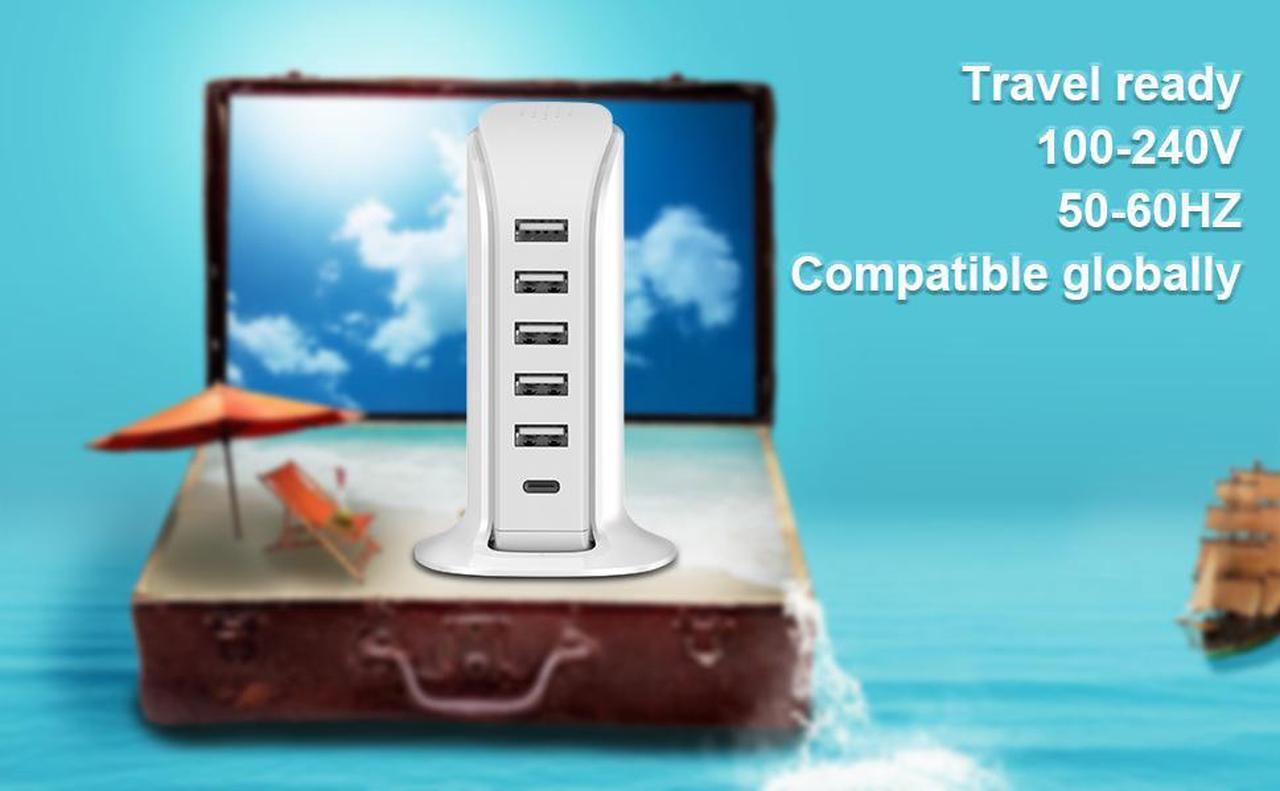 Alt view image 7 of 7 - USB Charging Station, 5-Port USB Fast Charger Multi-USB Fast Charging USB Wall Charging Tower Power Adapter For IPhone, IPad, Kindle, Travel Accessories