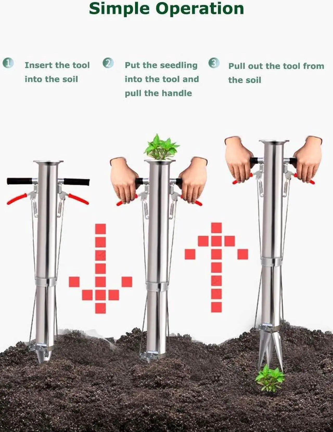 Alt view image 3 of 7 - Seedling Transplanting Tool Stainless Steel Bulb Planter Tool,Multi-Functional Vegetable Seedling Transplanter Manual Hand-Held Young Plant Garden Greenhouse with Pedal(Double Handle)