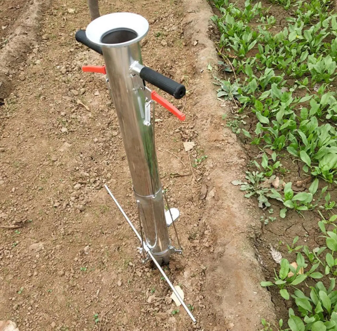 Alt view image 4 of 7 - Seedling Transplanting Tool Stainless Steel Bulb Planter Tool,Multi-Functional Vegetable Seedling Transplanter Manual Hand-Held Young Plant Garden Greenhouse with Pedal(Double Handle)
