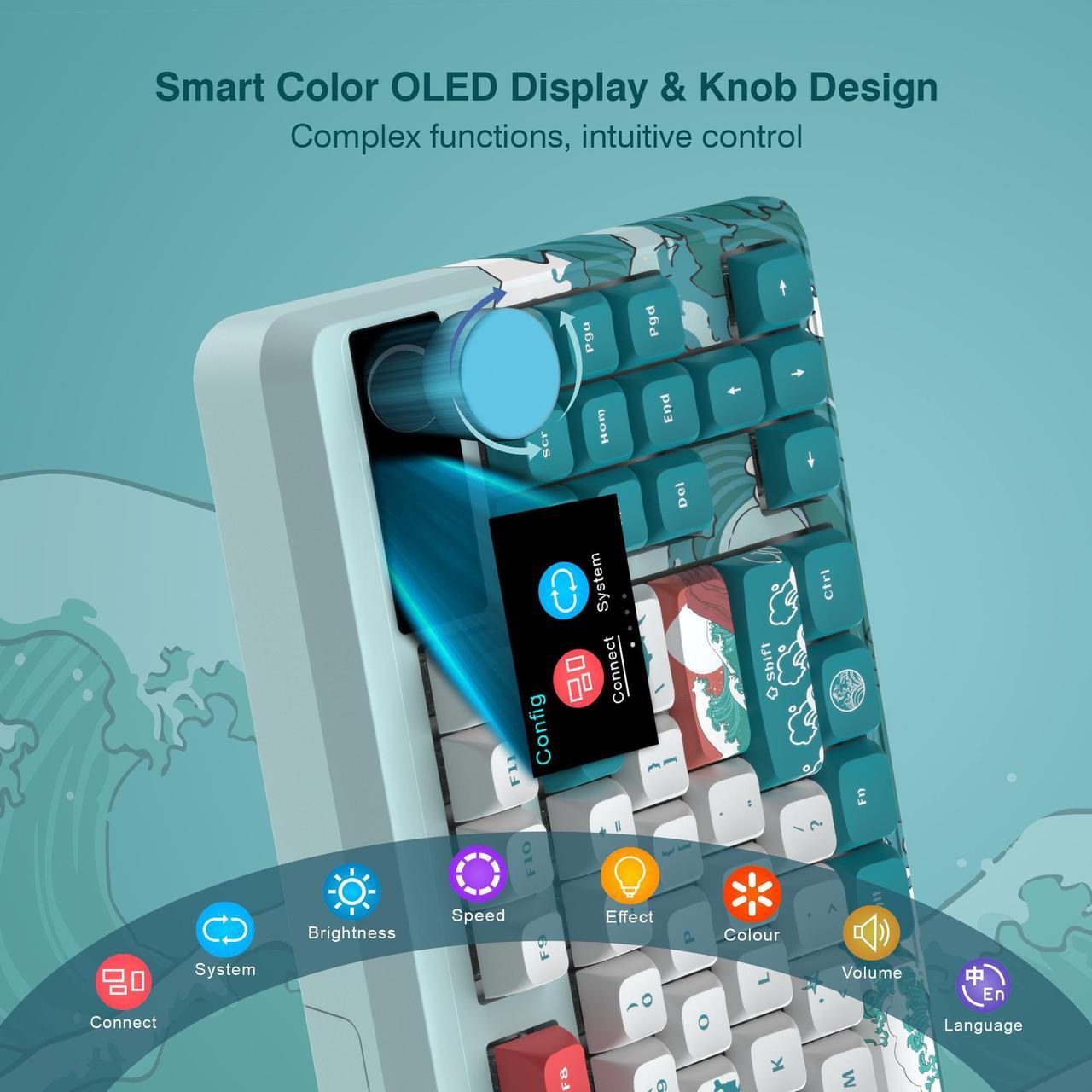 Alt view image 3 of 7 - XVX M87 Pro Tri-Mode OLED Display Mechanical Keyboard (Coral Sea/Retro Blue)