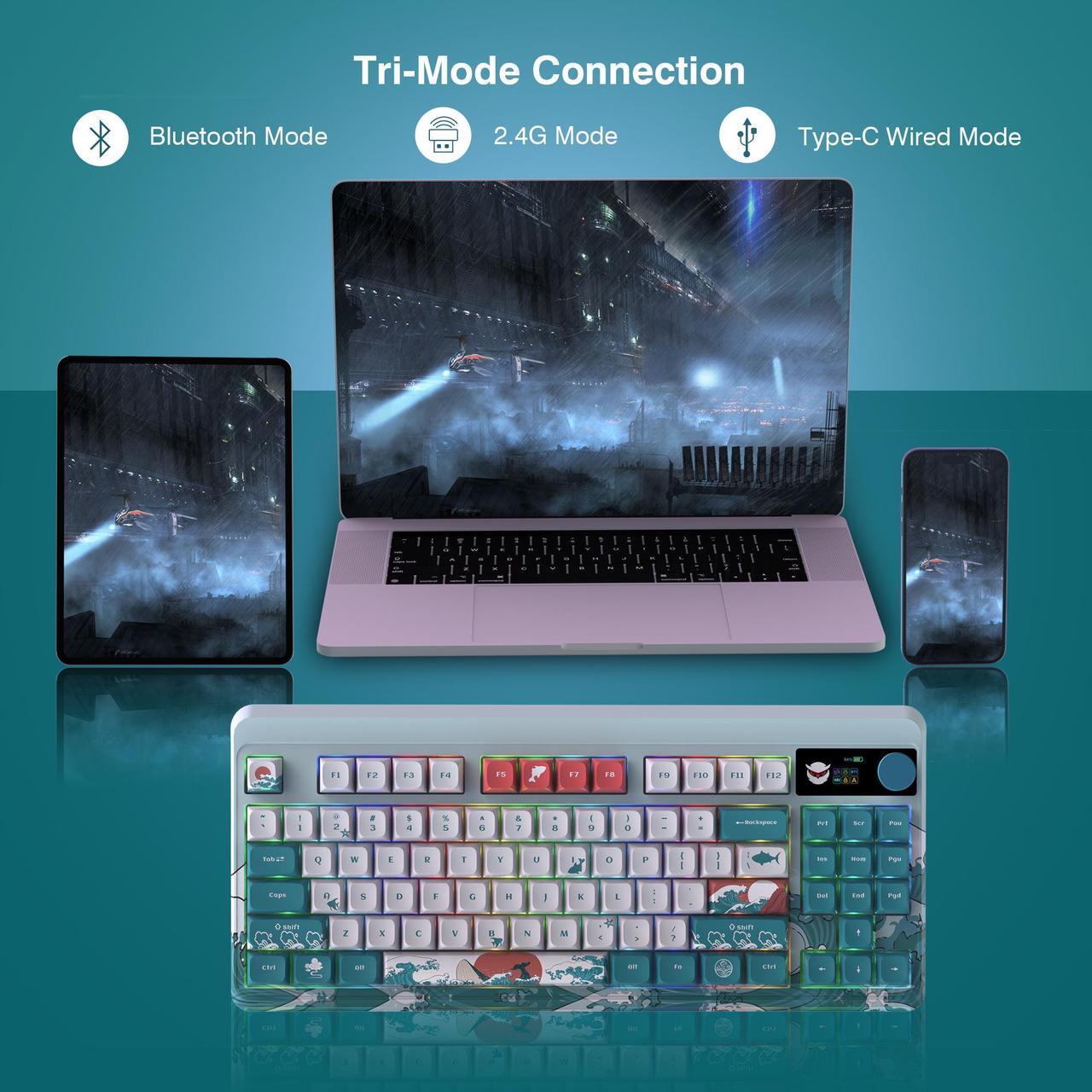 Alt view image 4 of 7 - XVX M87 Pro Tri-Mode OLED Display Mechanical Keyboard (Coral Sea/Retro Blue)