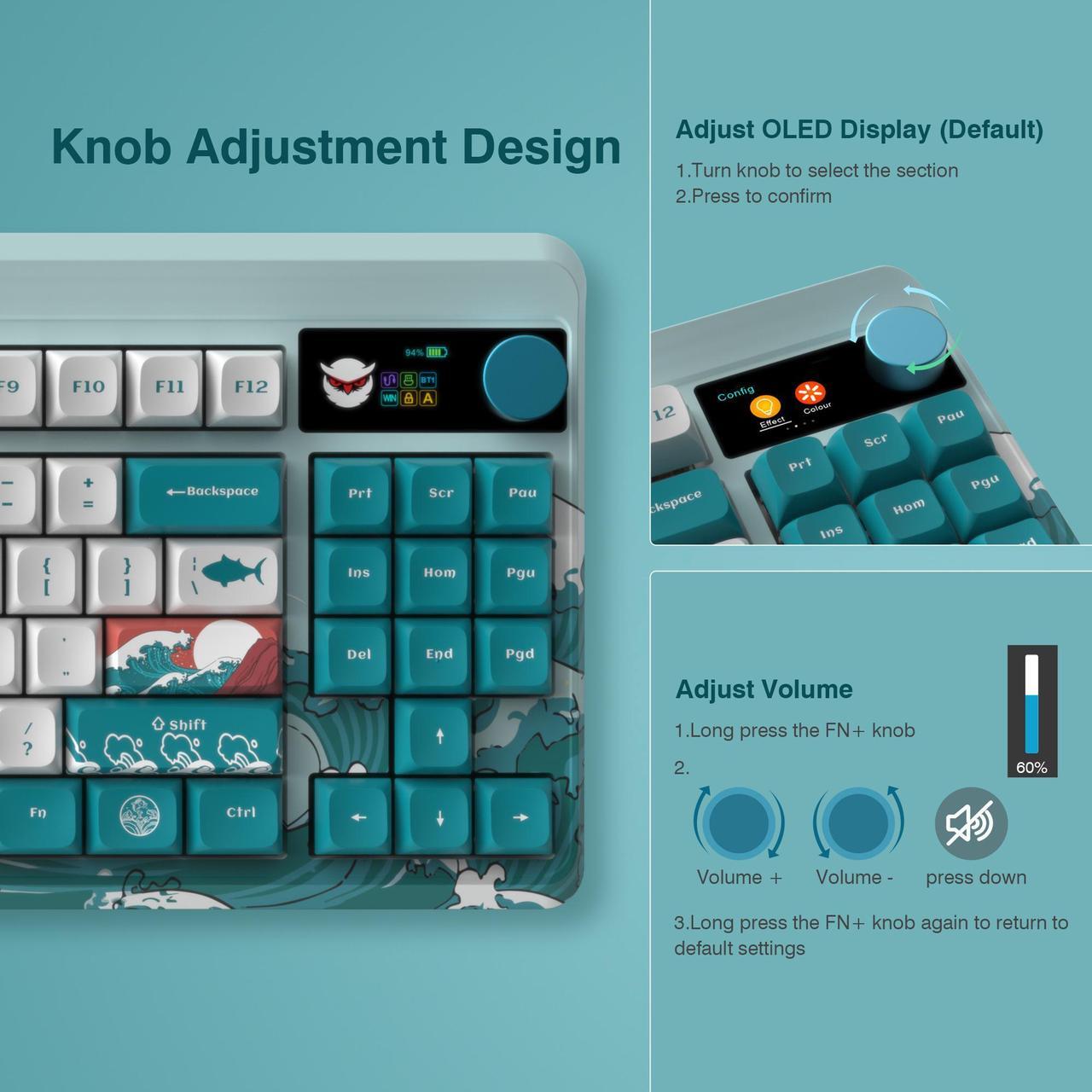 Alt view image 7 of 7 - XVX M87 Pro Tri-Mode OLED Display Mechanical Keyboard (Coral Sea/Retro Blue)