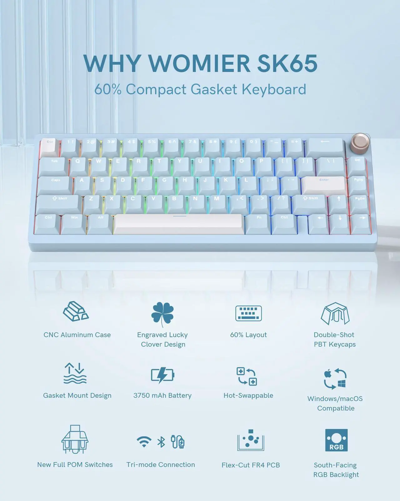 Alt view image 2 of 7 - Costom SK65 65% Gasket Mounted Wireless Aluminum Keyboard with Knob - Gaming Keyboard Blue