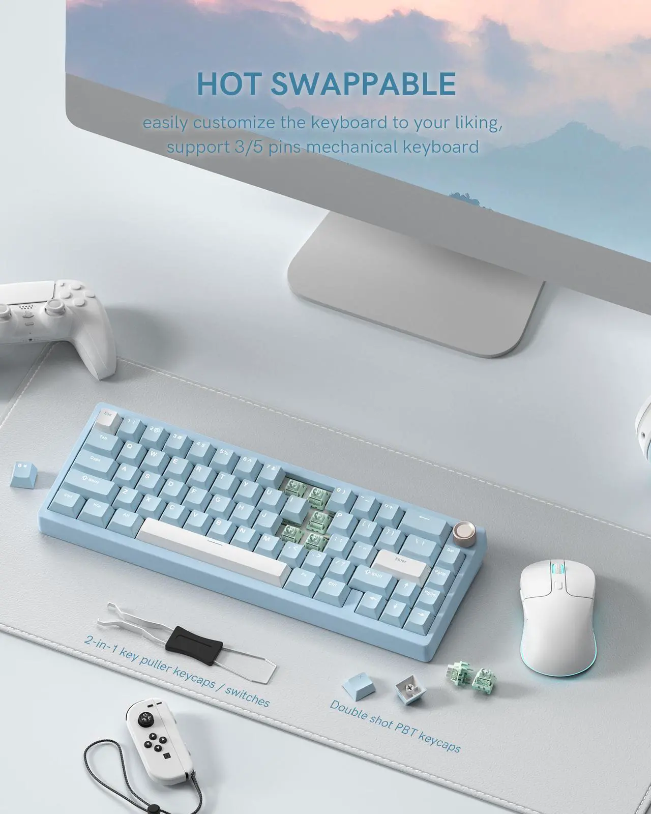 Alt view image 5 of 7 - Costom SK65 65% Gasket Mounted Wireless Aluminum Keyboard with Knob - Gaming Keyboard Blue