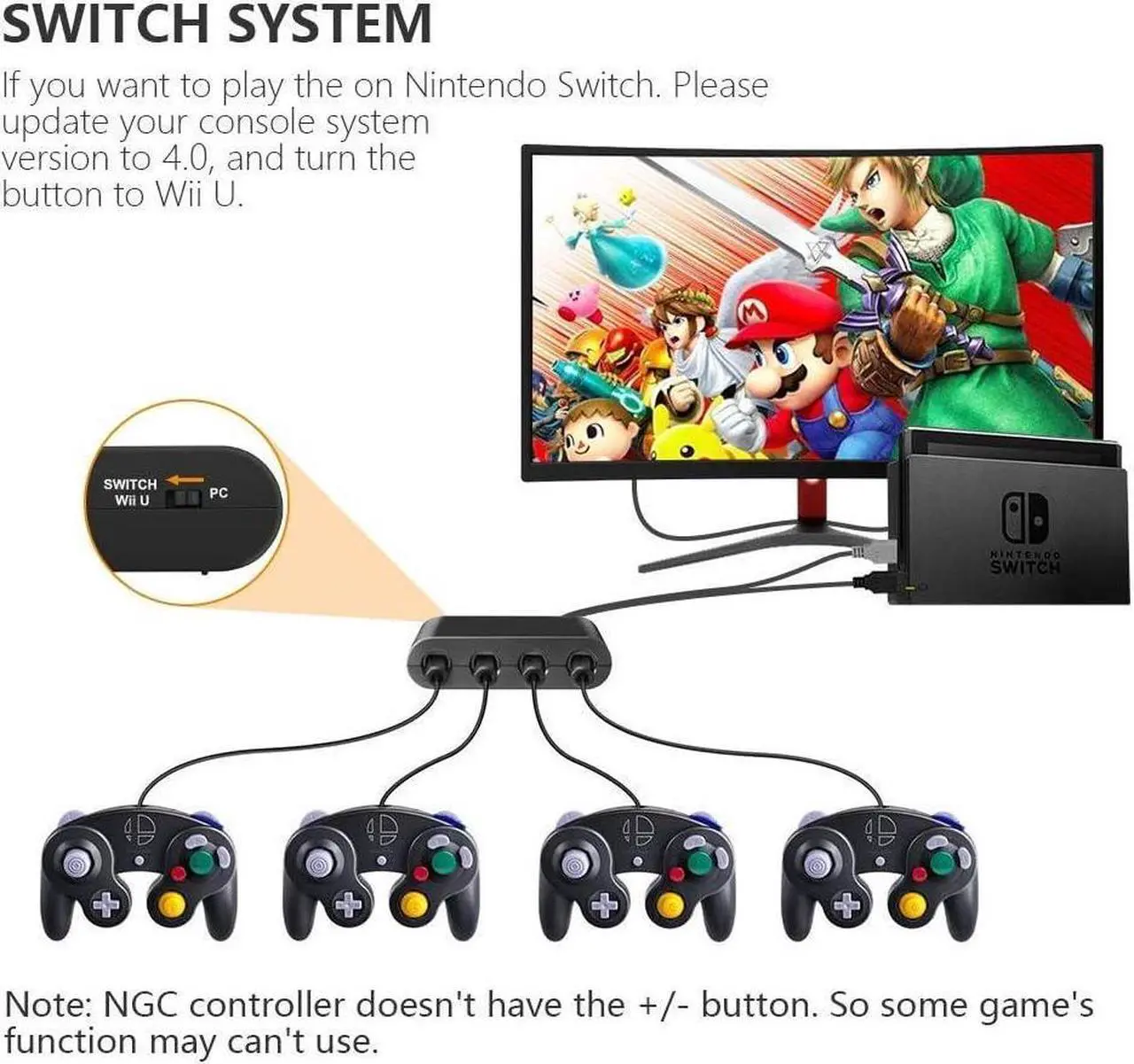 Alt view image 5 of 5 - Adapter for Switch Gamecube Controller Adapter and WII U and PC, Super Smash Bros Gamecube Controller Adapter. Support Turbo and Vibration Features with 180cm Long Cable