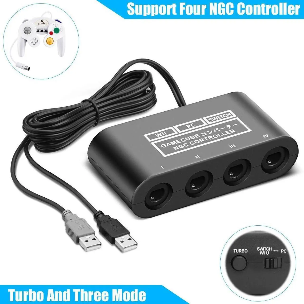 Alt view image 3 of 5 - Adapter for Switch Gamecube Controller Adapter and WII U and PC, Super Smash Bros Gamecube Controller Adapter. Support Turbo and Vibration Features with 180cm Long Cable