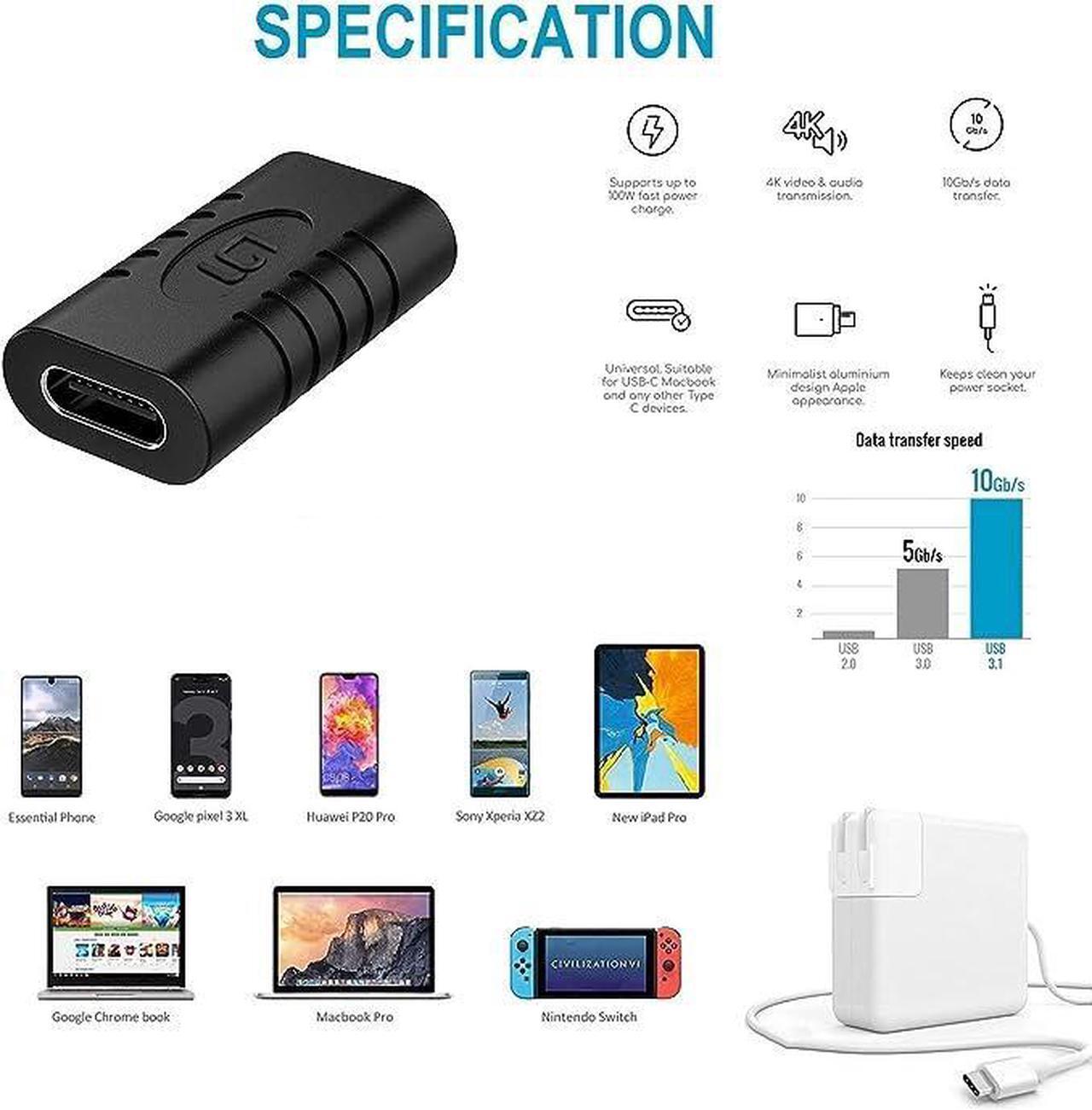 Alt view image 4 of 5 - USB C Coupler, Female to Female Adapter [2 Pack] USB-C Type C USB 3.1 Extender Extension Connector, Transfer Data 10Gbps and 100W Power for Laptop, Smartphone, Tablet