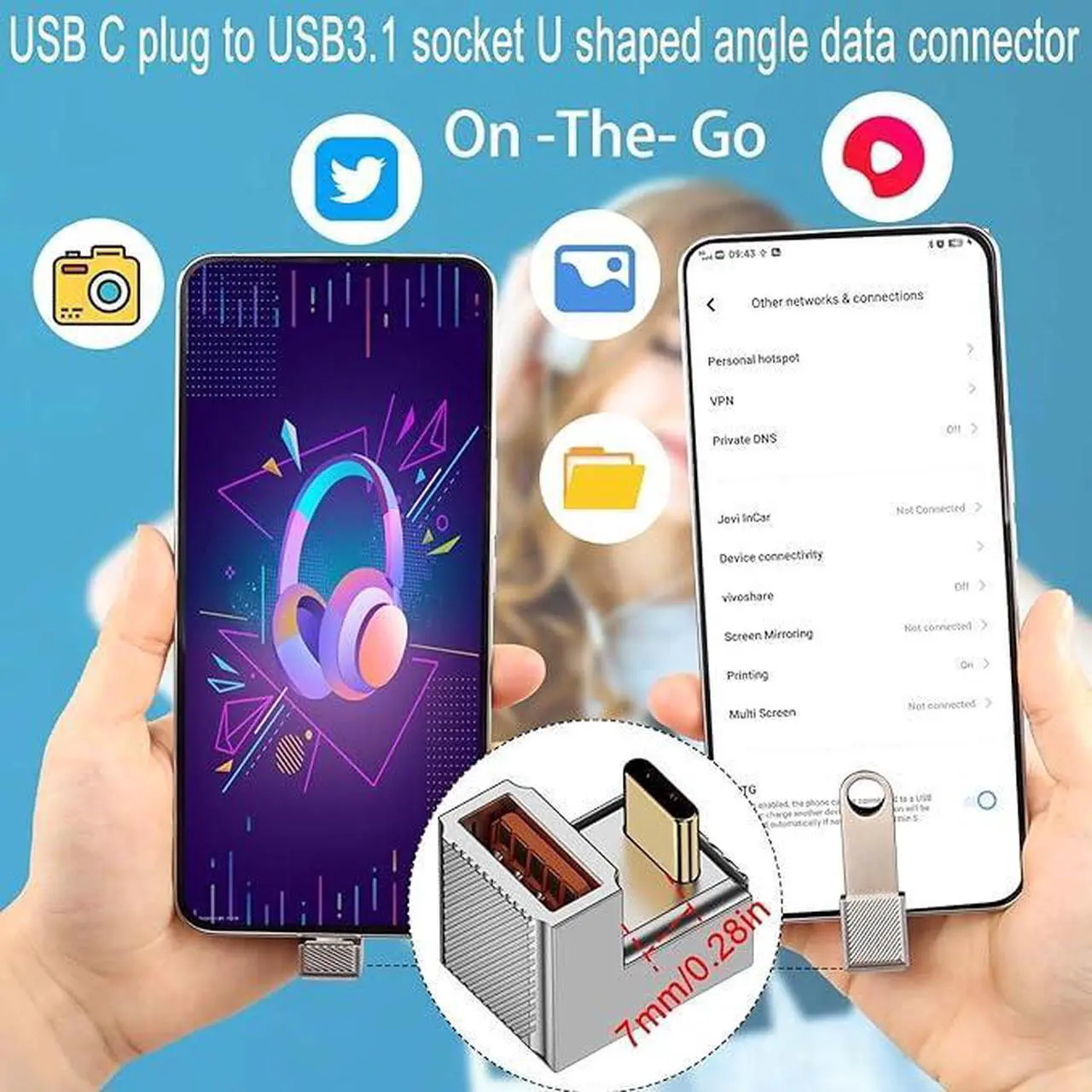 Alt view image 2 of 6 - 120W U Shape Angle USB C to USB 3.1 OTG Adapter 10Gbps Type C Male to USB3.1 Female 180 Degree Quick Charging Data Connector,Zn Alloy/LED Light, for Smartphone Tablet